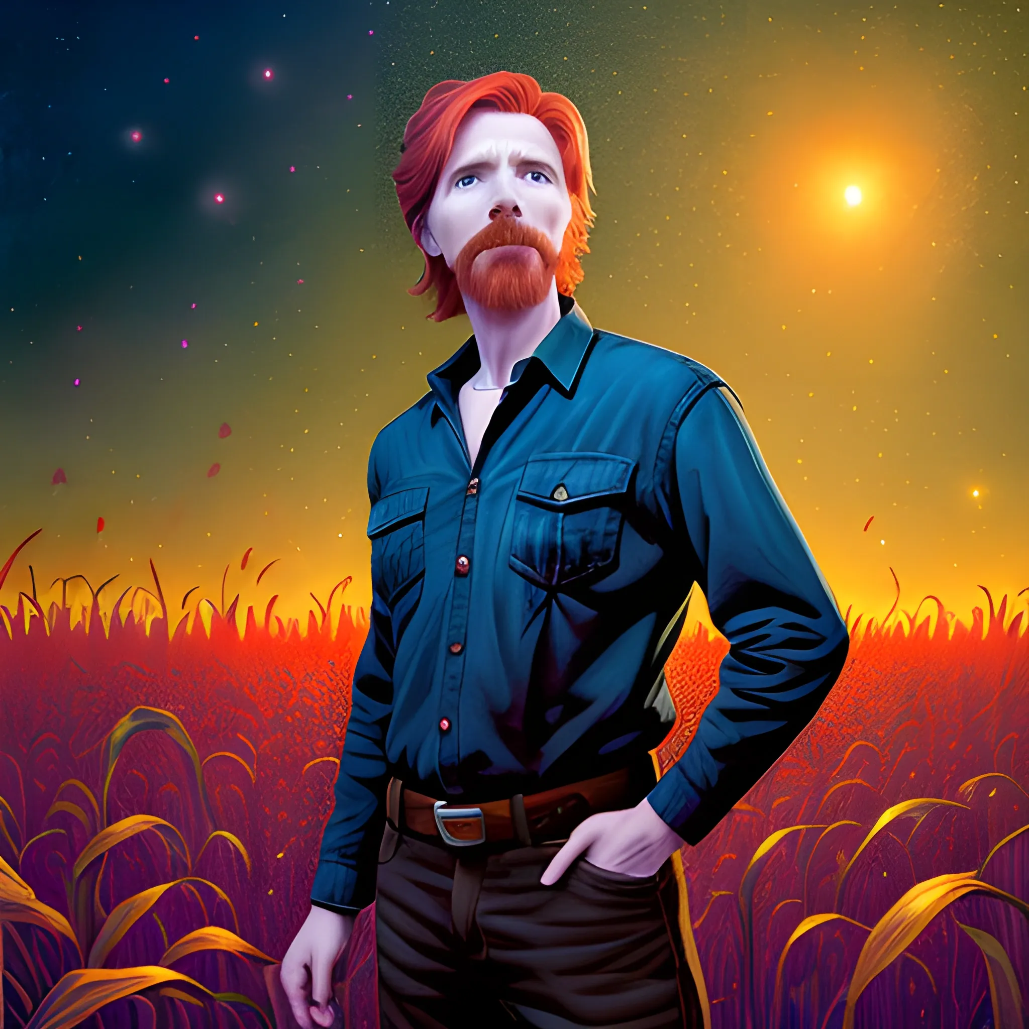 male actor Courtney Gains, his highly detailed handsome face, meticulously detailed multi-hued red hair, standing in tall corn, cornfield, nebula sky; by James R. Eads, Fausto-Giurescu, Tania Rivilis, Renata-s-art, Dan Mumford; luminous colorful sparkles, glitter, airbrush, depth of field, volumetric lighting, deep color, underground comix