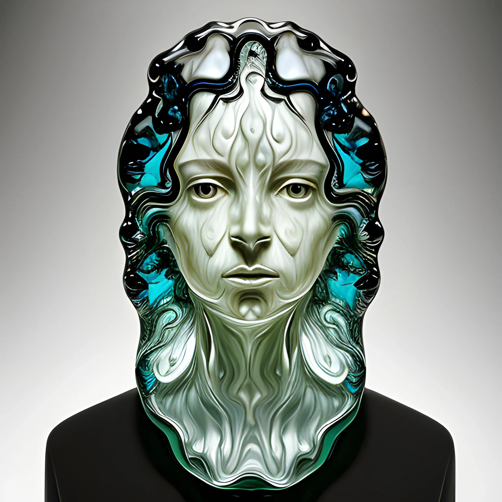 Female portrait made of fluid glass, work of a surrealist master