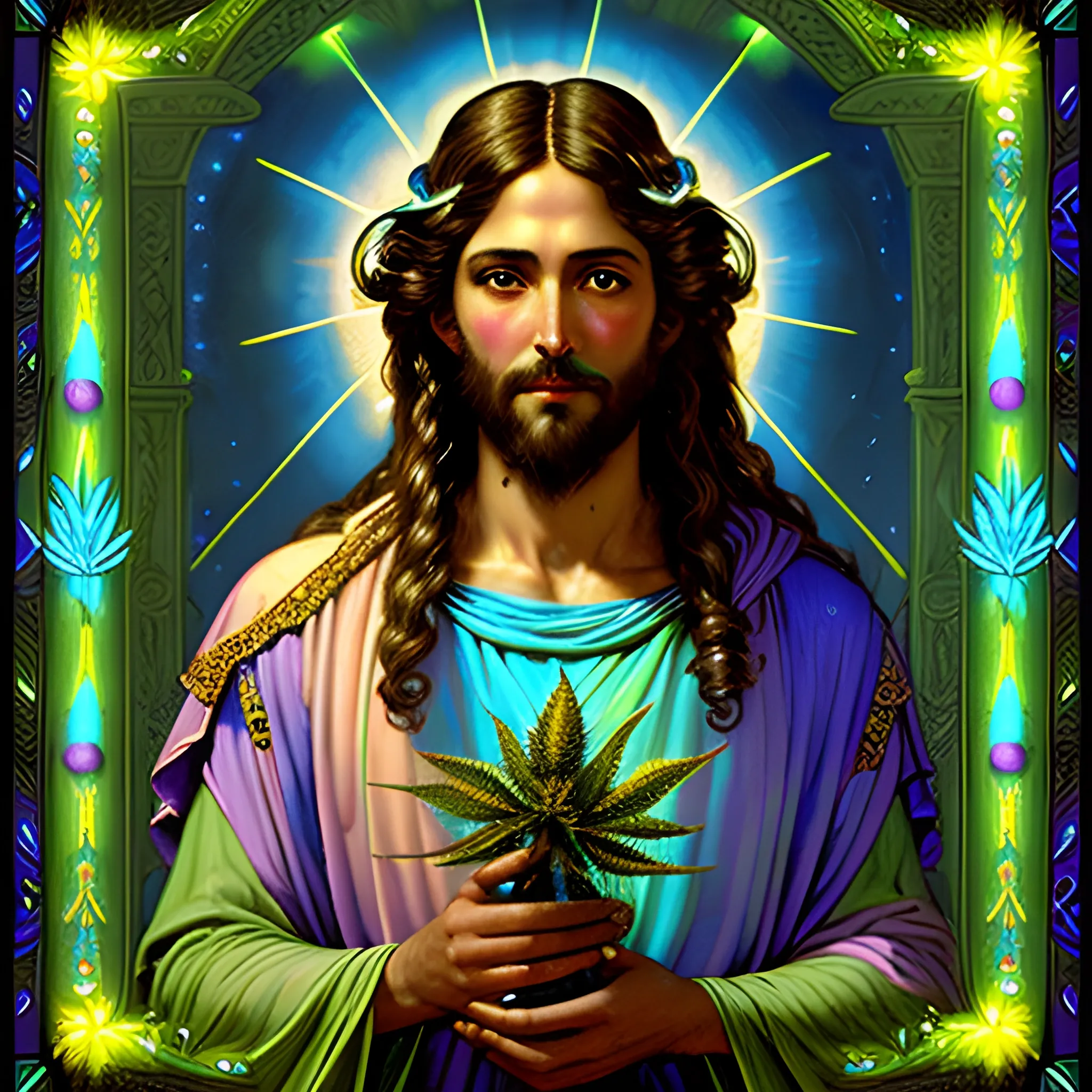 eoclassicist colorful blacklight uv highly detailed painting of Jesus as a marijuana goddess, ethereal fantasy hyperdetailed mist, maximalist matte painting, polished, realistic oil painting; old fashioned, vintage, antique; luminous color sparkles, marijuana, by gaston bussiere, craig mullins, j. c. leyendecker, norman rockwell