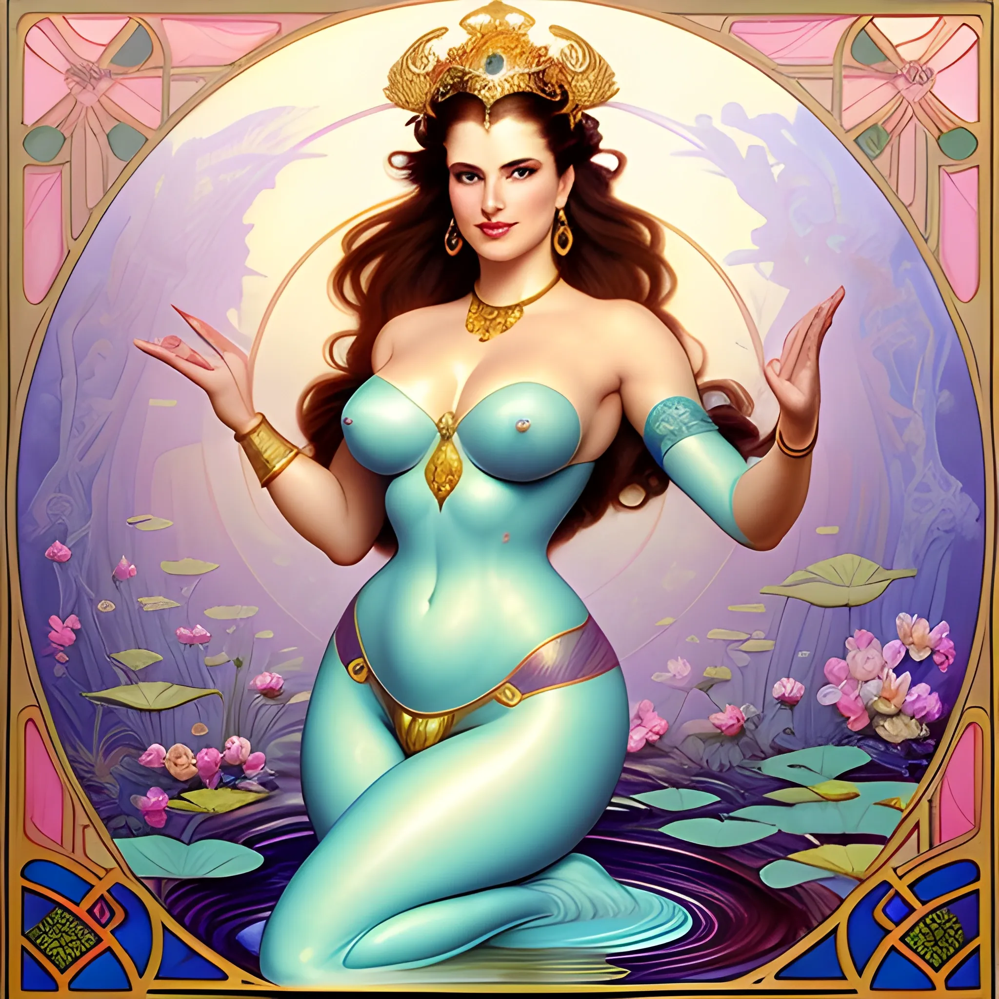 young Geena Davis at a lotus pond; highly detailed beautiful face; glitter, renaissance; high contrast, pastel, sorbet, pearlescent, underwater, surreal, Unreal Engine 5; by Dan Parent, Alphonse Mucha, Artgerm, WLOP, intricately detailed, fantasy, bizarre, beautiful, Chromolithography, Soft Shading, Unreal Engine; digital painting, smooth, sharp focus, illustration, art by lisa frank, Steve Goad, Frank Frazetta, William-Adolphe Bouguereau, Unreal Engine 5, Cartoon, 3D, Oil Painting, 3D