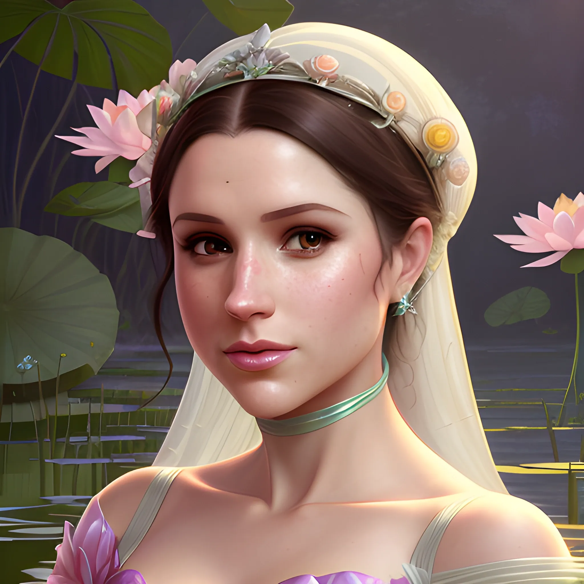 Meghan Markle / Anna Kendrick face morph at a lotus pond; highly detailed beautiful face; glitter, renaissance; high contrast, pastel, sorbet, pearlescent, underwater, surreal, Unreal Engine 5; by Dan Parent, Alphonse Mucha, Artgerm, WLOP, intricately detailed, fantasy, bizarre, beautiful, Chromolithography, Soft Shading, Unreal Engine; digital painting, smooth, sharp focus, illustration, art by lisa frank, Steve Goad, Frank Frazetta, William-Adolphe Bouguereau, Unreal Engine 5, Cartoon, 3D, Oil Painting, 3D