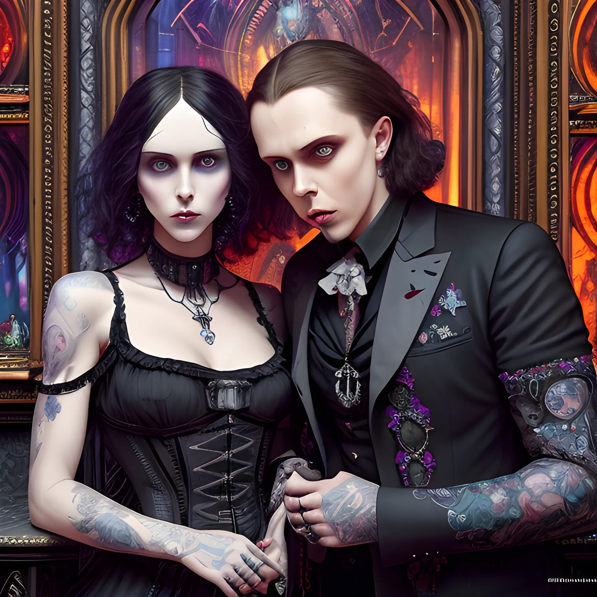 two men, Ville Valo and Tommy Cash at a gothic nightclub, highly detailed faces, modern American; by Lisa Frank, Daniel Gerhartz, Phil Noto art, Mucha, Manara; hyper-detailed, hyper-realistic, sharp focus; symmetrical face; textured shading, subtractive lighting, Unreal Engine, 3D