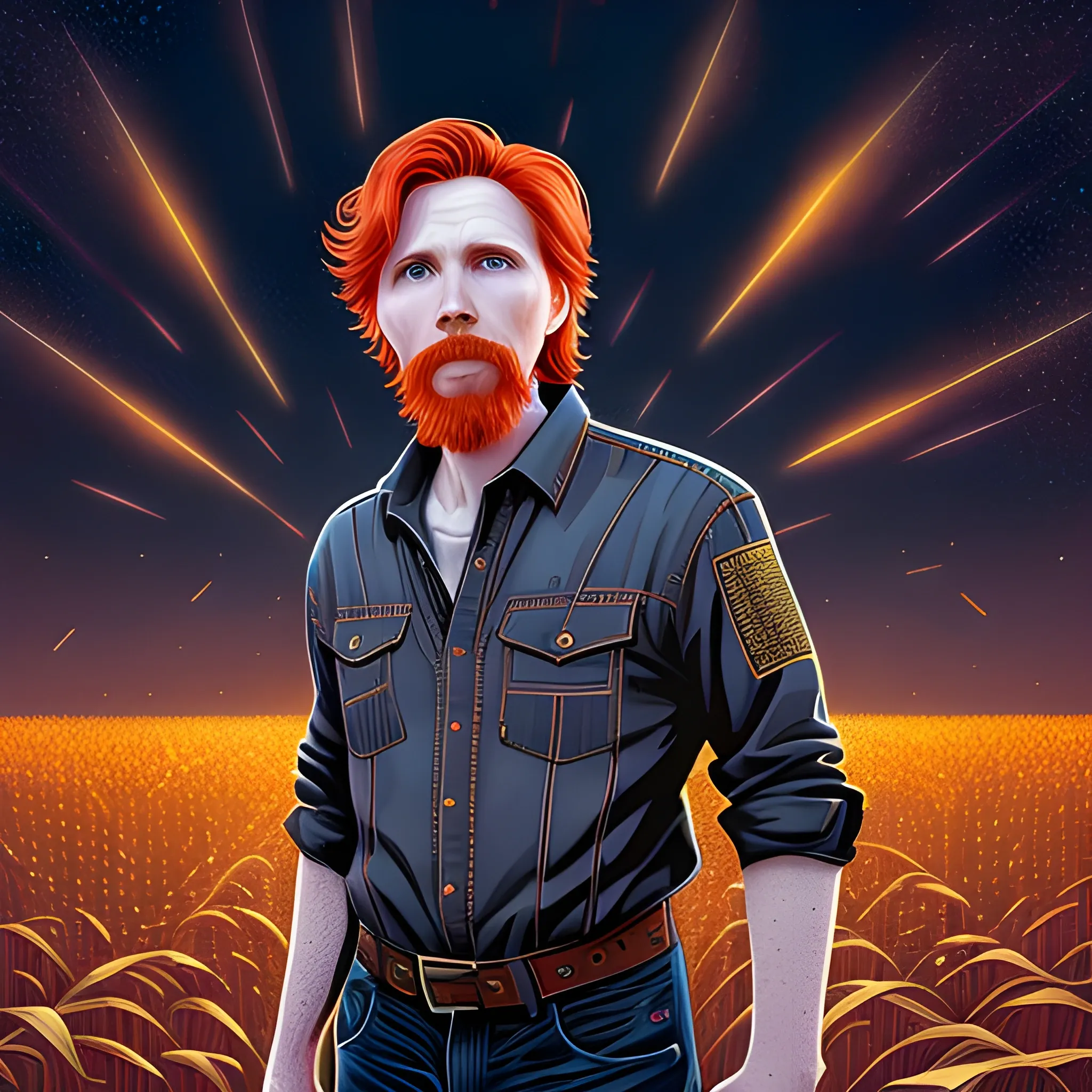 male actor Courtney Gains, his highly detailed handsome face, meticulously detailed multi-hued red hair, standing in tall corn, cornfield, nebula sky, staryy night; by James R. Eads, Fausto-Giurescu, Tania Rivilis, Renata-s-art, Dan Mumford; luminous colorful sparkles, glitter, airbrush, depth of field, volumetric lighting, deep color, underground comix