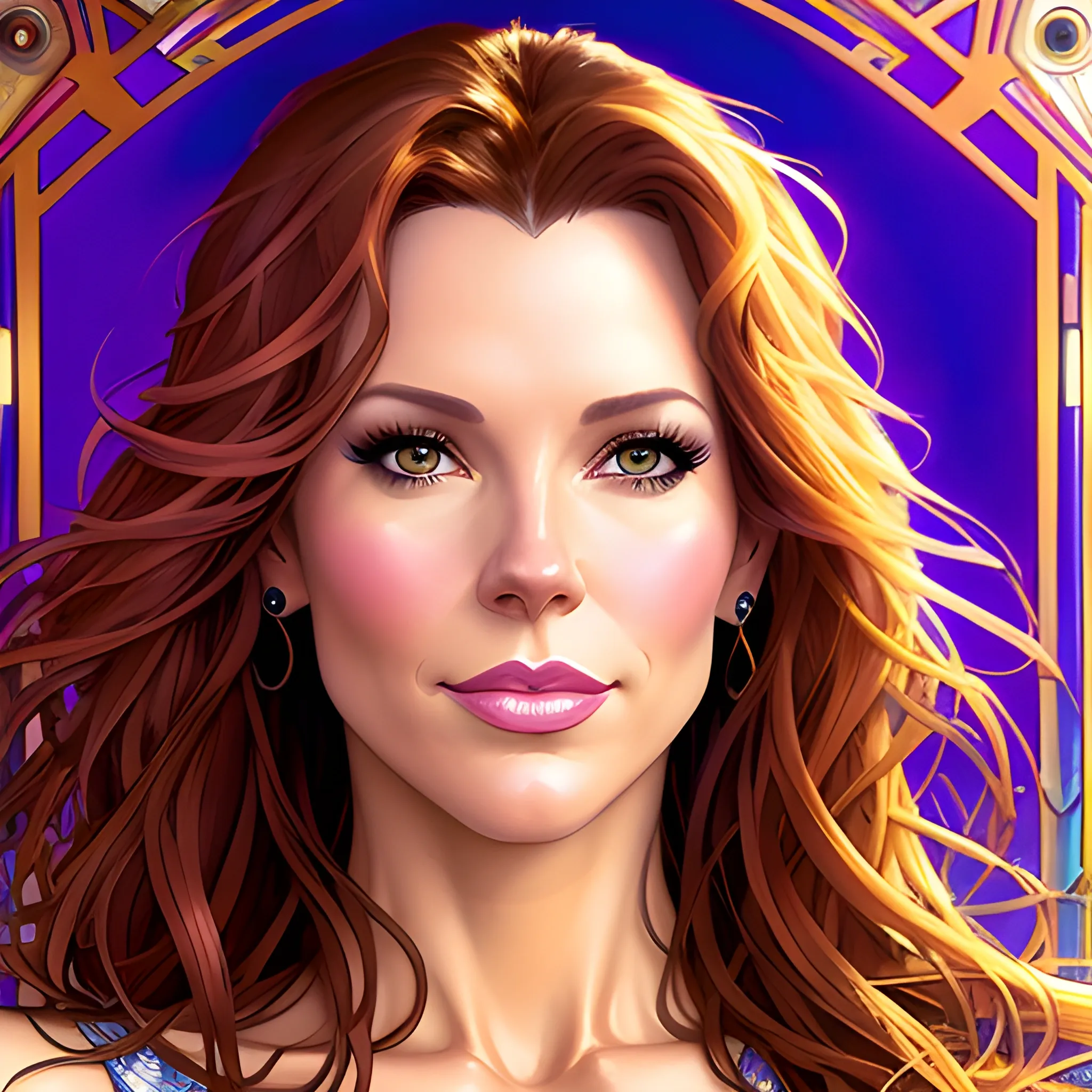 Young Robyn Lively with a beautiful and highly detailed face, brown eyes; modern American; by Lisa Frank, Daniel Gerhartz, phil noto, sienkiewicz, mucha, jim lee, manara; hyper-detailed, hyper-realistic, sharp focus; symmetrical face; textured shading, subtractive lighting, Unreal Engine, sharp focus