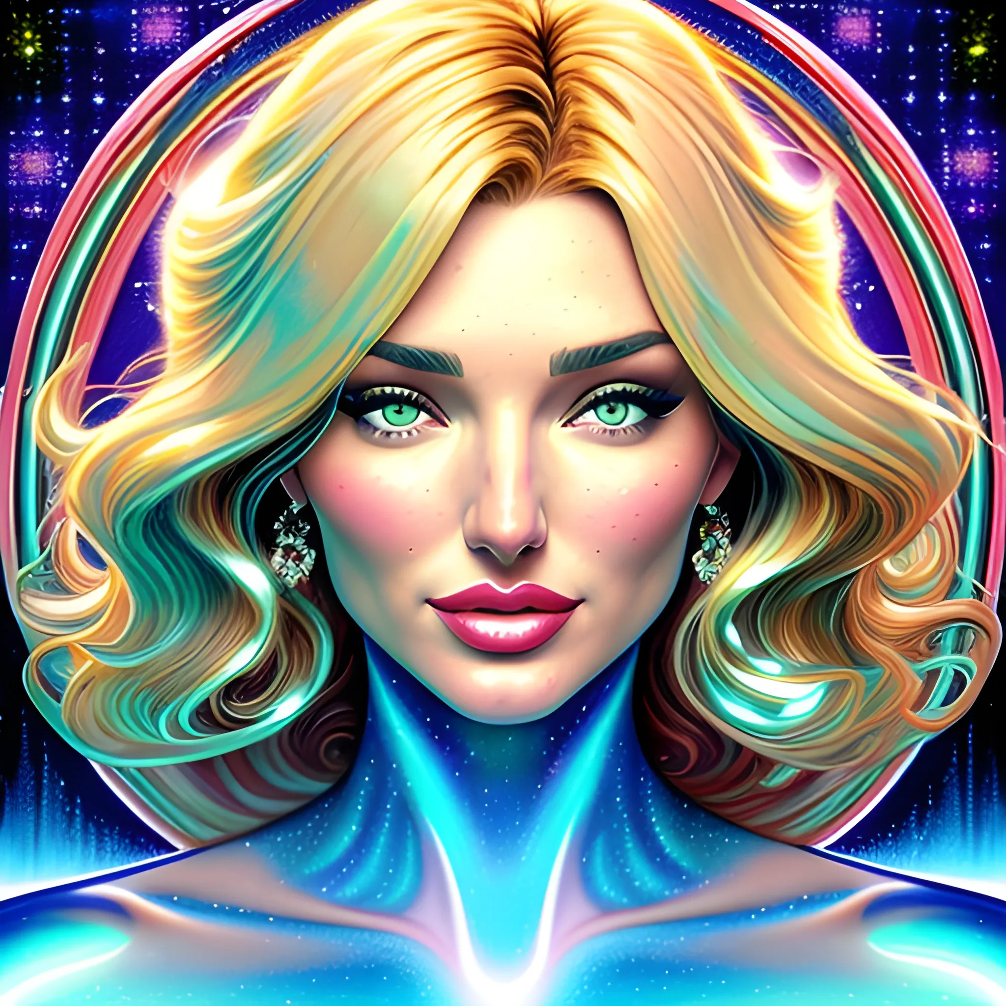 young Miranda Kerr / Candice Swanepoel / Elsa Hosk face morph, her highly detailed attractive face, meticulously detailed, multi-hued white-blond-red hair, blue-green eyes, dimple; supermodel, Victoria's Secret angel; by James R. Eads, Fausto-Giurescu, Tania Rivilis, Maxfield Parrish, Alphonse Mucha, Dan Mumford; luminous colorful sparkles, glitter, airbrush, depth of field, volumetric lighting Jason Beam art, Julie Bell art, Scott M Fischer, Neysa McMein, 3D