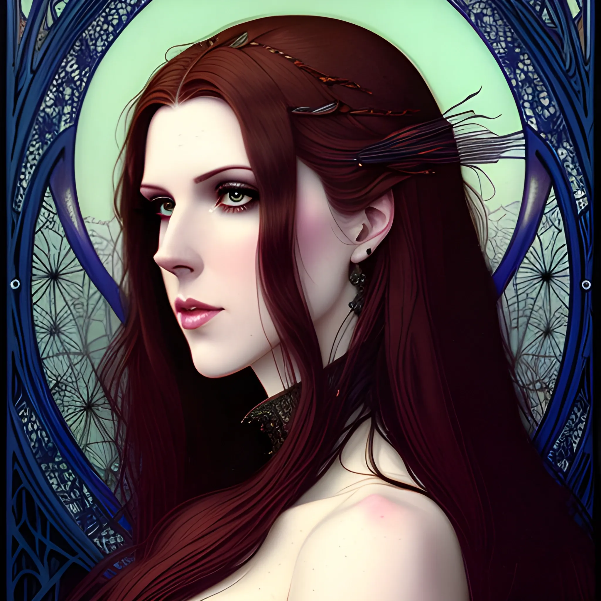 young Anna Kendrick, her highly detailed beautiful face, meticulously detailed multi-hued long straight dark hair, burgundy, berry wine and black, eldritch, macabre, by Stephen Gammell, Zdzislaw Beksinski; luminous color sparkles, Vintage Art, 8k resolution, art Nouveau poster; Alphonse Mucha, Artgerm, WLOP, Lisa Frank, James R. Eads, Illustration intricately detailed, Artstation, Chromolithography Soft Shading