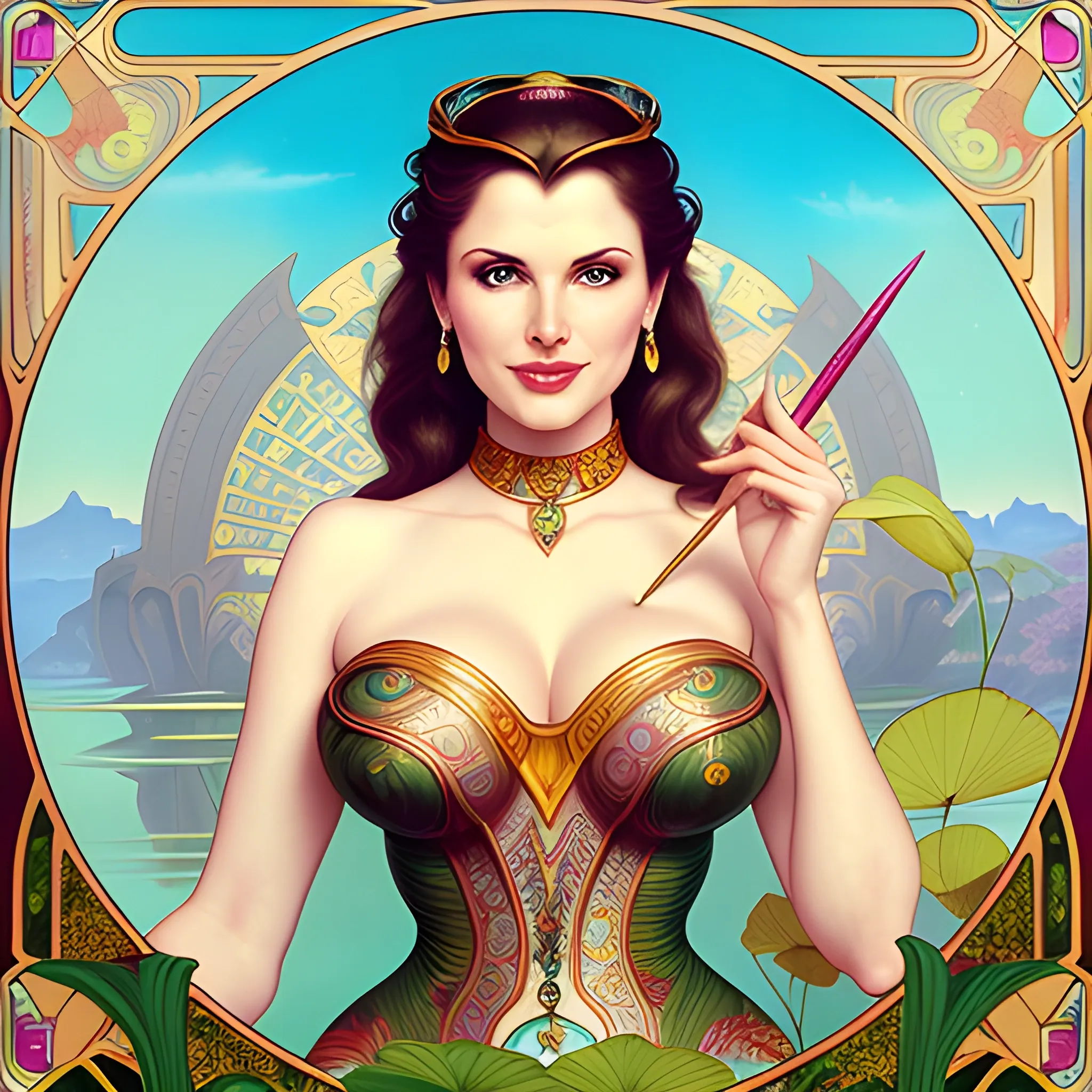 young Geena Davis at a lotus pond; highly detailed beautiful face; glitter, renaissance; high contrast, pastel, sorbet, pearlescent, underwater, surreal, Unreal Engine 5; by Dan Parent, Alphonse Mucha, Artgerm, WLOP, intricately detailed, fantasy, bizarre, beautiful, Chromolithography, Soft Shading, Unreal Engine; digital painting, smooth, sharp focus, illustration, art by lisa frank, Steve Goad, Frank Frazetta, William-Adolphe Bouguereau, Unreal Engine 5, Cartoon, 3D, Oil Painting, 3D