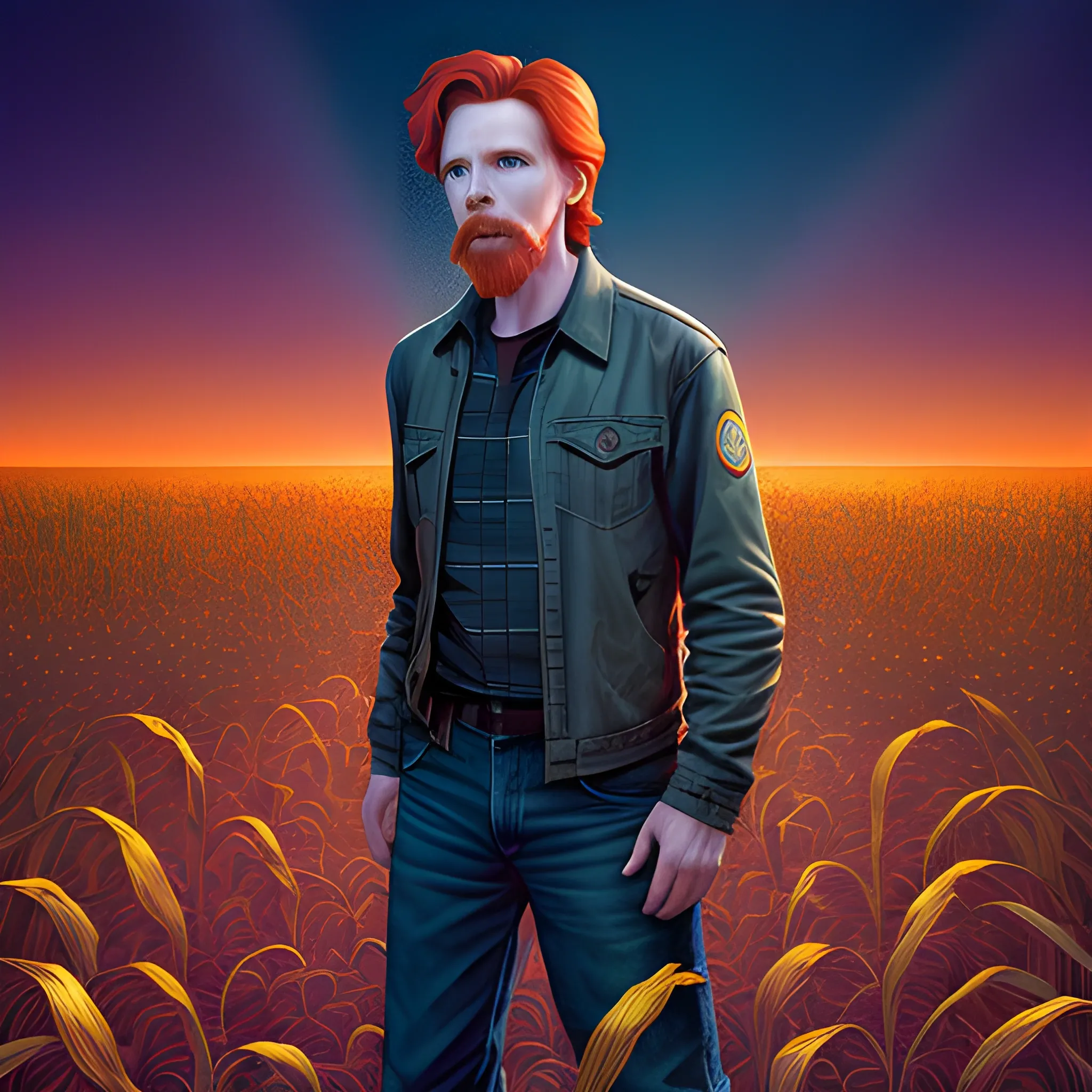 male actor Courtney Gains, his highly detailed handsome face, meticulously detailed multi-hued red hair, standing in tall corn, cornfield, nebula sky; by James R. Eads, Fausto-Giurescu, Tania Rivilis, Renata-s-art, Dan Mumford; luminous colorful sparkles, glitter, airbrush, depth of field, volumetric lighting, deep color, underground comix