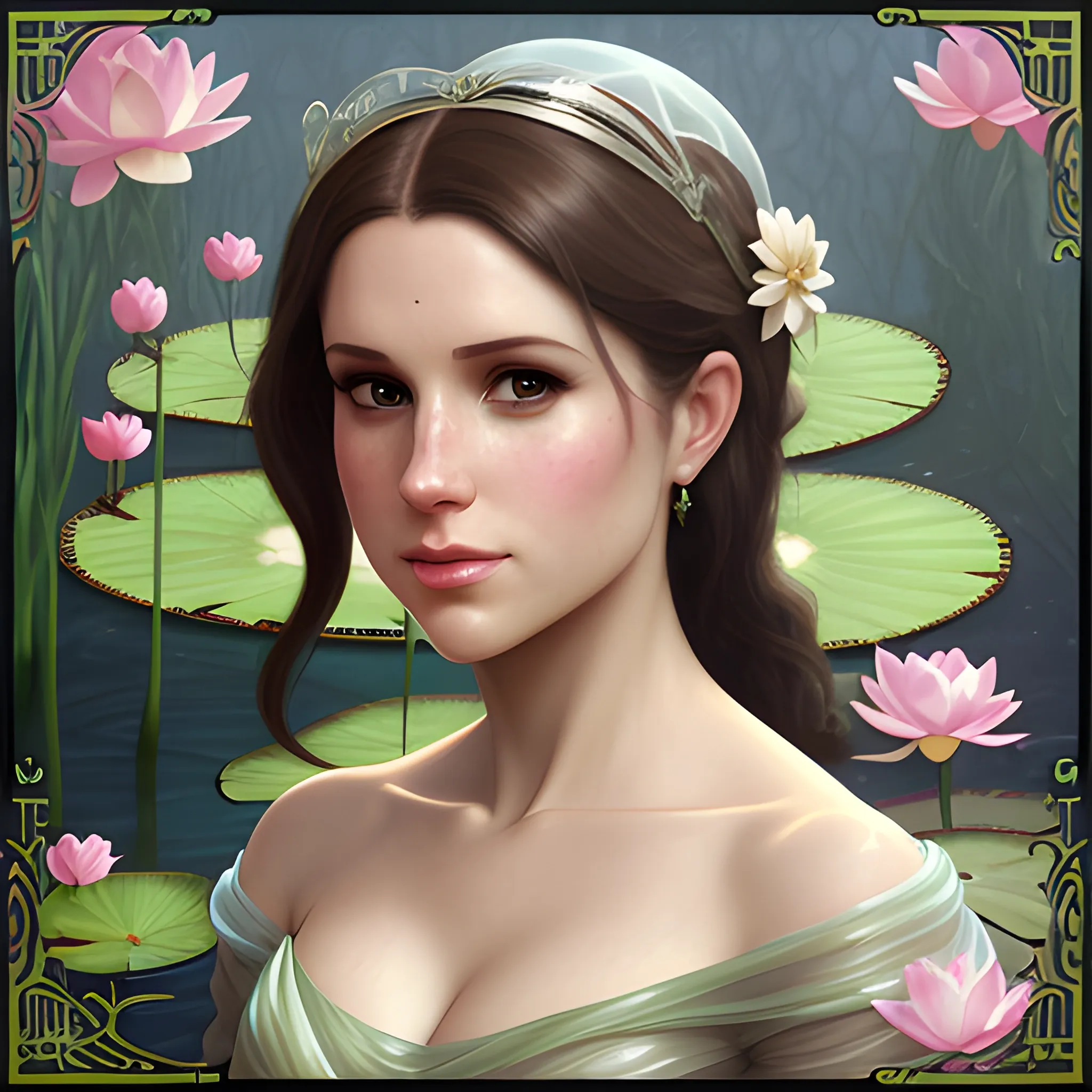 Meghan Markle / Anna Kendrick face morph at a lotus pond; highly detailed beautiful face; glitter, renaissance; high contrast, pastel, sorbet, pearlescent, underwater, surreal, Unreal Engine 5; by Dan Parent, Alphonse Mucha, Artgerm, WLOP, intricately detailed, fantasy, bizarre, beautiful, Chromolithography, Soft Shading, Unreal Engine; digital painting, smooth, sharp focus, illustration, art by lisa frank, Steve Goad, Frank Frazetta, William-Adolphe Bouguereau, Unreal Engine 5, Cartoon, 3D, Oil Painting, 3D