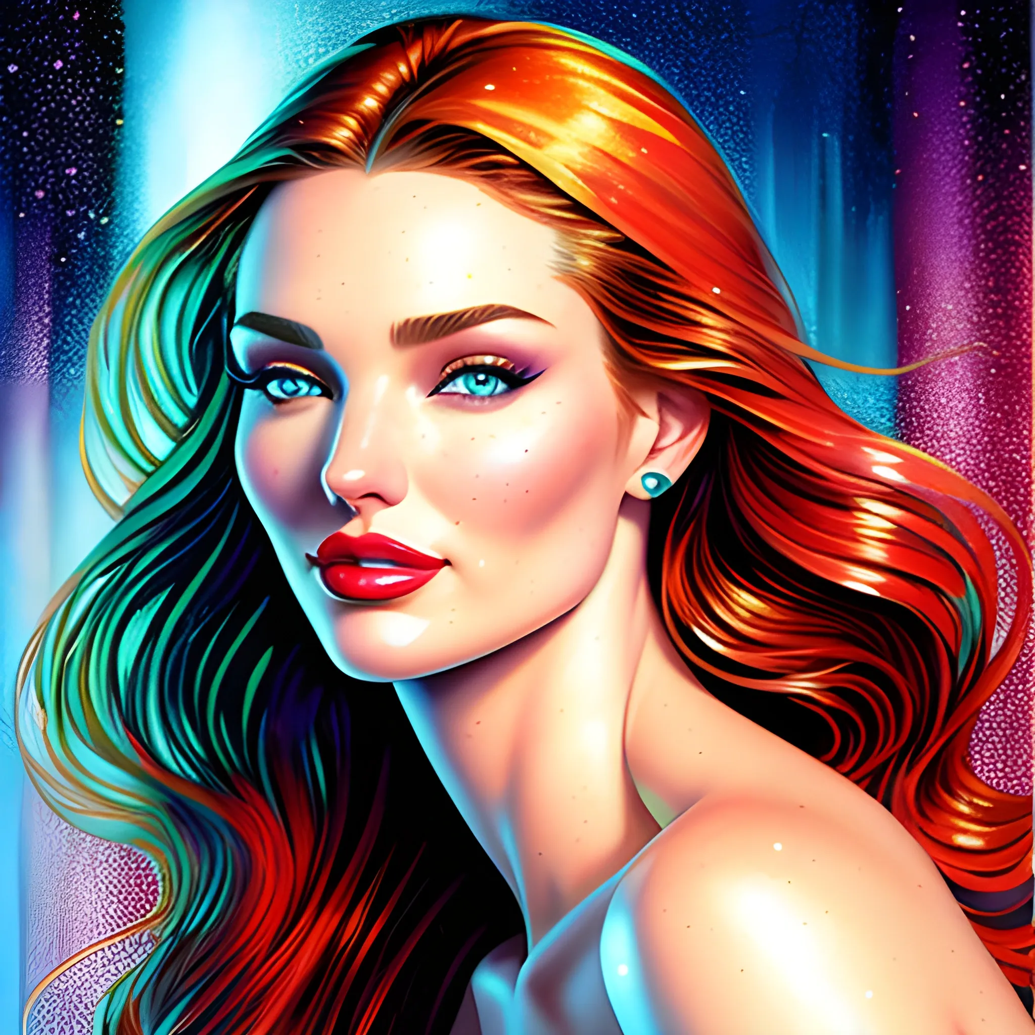 young Miranda Kerr / Candice Swanepoel / Elsa Hosk face morph, her highly detailed attractive face, meticulously detailed, multi-hued white-blond-red hair, blue-green eyes, dimple; supermodel, Victoria's Secret angel; by James R. Eads, Fausto-Giurescu, Tania Rivilis, Maxfield Parrish, Alphonse Mucha, Dan Mumford; luminous colorful sparkles, glitter, airbrush, depth of field, volumetric lighting Jason Beam art, Julie Bell art, Scott M Fischer, Neysa McMein, 3D