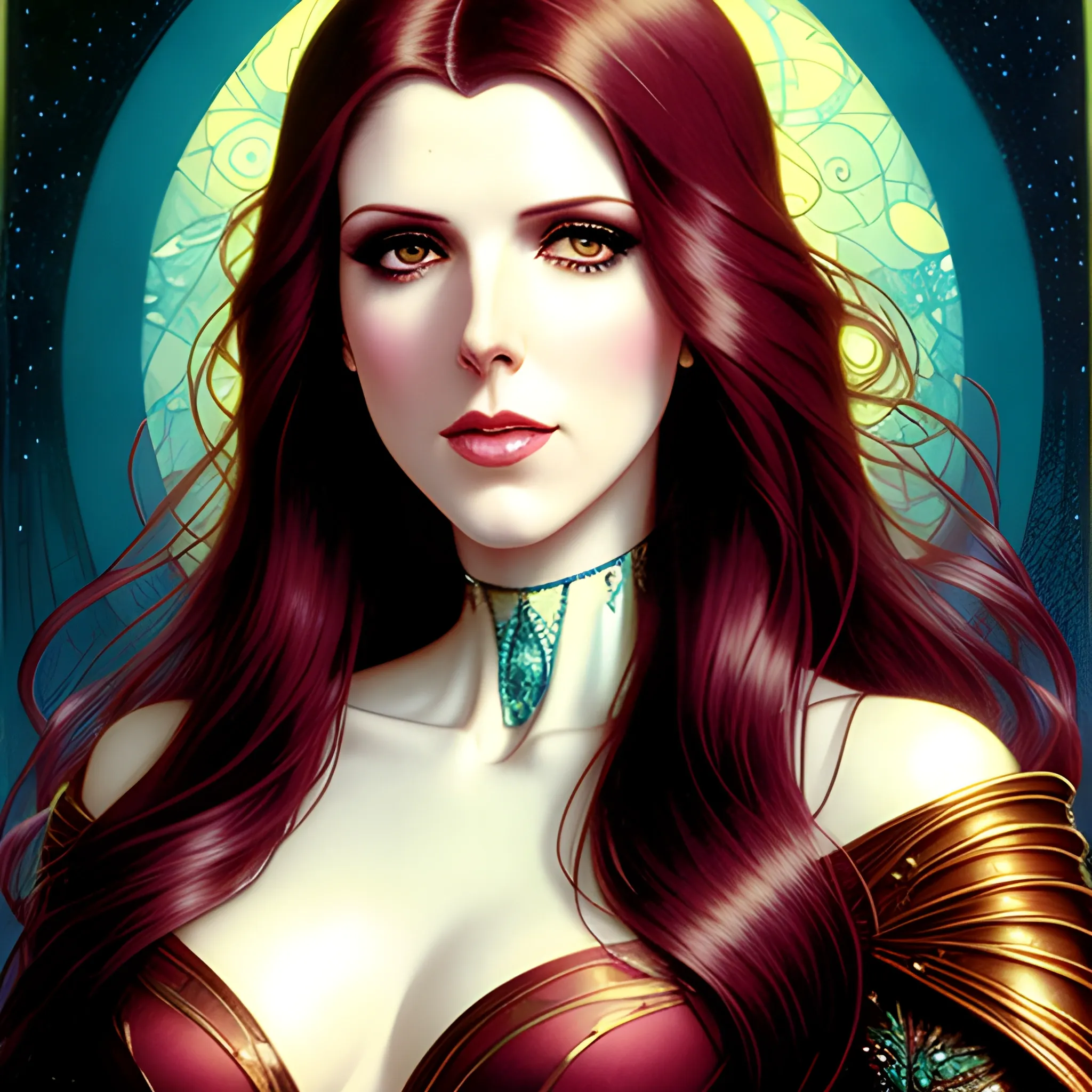 young Anna Kendrick, her highly detailed beautiful face, meticulously detailed multi-hued long straight dark hair, burgundy, berry wine and black, eldritch, macabre, by Stephen Gammell, Zdzislaw Beksinski; luminous color sparkles, Vintage Art, 8k resolution, art Nouveau poster; Alphonse Mucha, Artgerm, WLOP, Lisa Frank, James R. Eads, Illustration intricately detailed, Artstation, Chromolithography Soft Shading