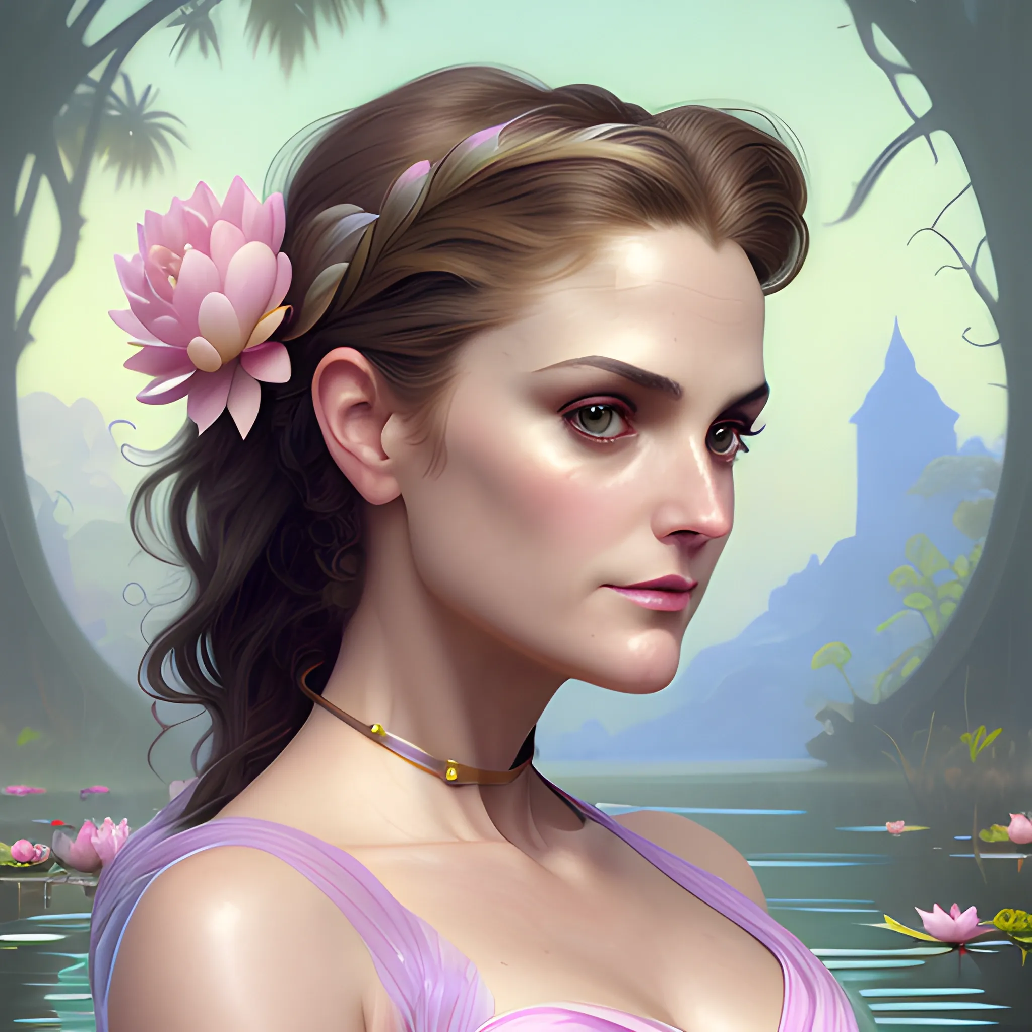 Heather Graham / Keri Russell face morph at a lotus pond; highly detailed beautiful face; glitter, renaissance; high contrast, pastel, sorbet, pearlescent, underwater, surreal, Unreal Engine 5; by Dan Parent, Alphonse Mucha, Artgerm, WLOP, intricately detailed, fantasy, bizarre, beautiful, Chromolithography, Soft Shading, Unreal Engine; digital painting, smooth, sharp focus, illustration, art by lisa frank, Steve Goad, Frank Frazetta, William-Adolphe Bouguereau, Unreal Engine 5, Cartoon, 3D, Oil Painting, 3D