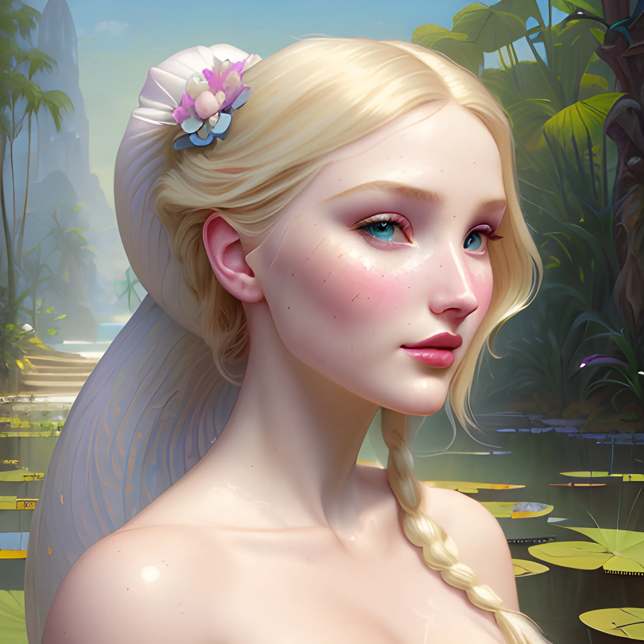 Elsa Hosk / Dove Cameron face morph at a lotus pond; highly detailed beautiful face; glitter, renaissance; high contrast, pastel, sorbet, pearlescent, Unreal Engine 5; by Dan Parent, Alphonse Mucha, Artgerm, WLOP, intricately detailed, fantasy, bizarre, beautiful, Chromolithography, Soft Shading, Unreal Engine; digital painting, smooth, sharp focus, illustration, art by lisa frank, Steve Goad, Frank Frazetta, William-Adolphe Bouguereau, Unreal Engine 5, Cartoon, 3D, Oil Painting