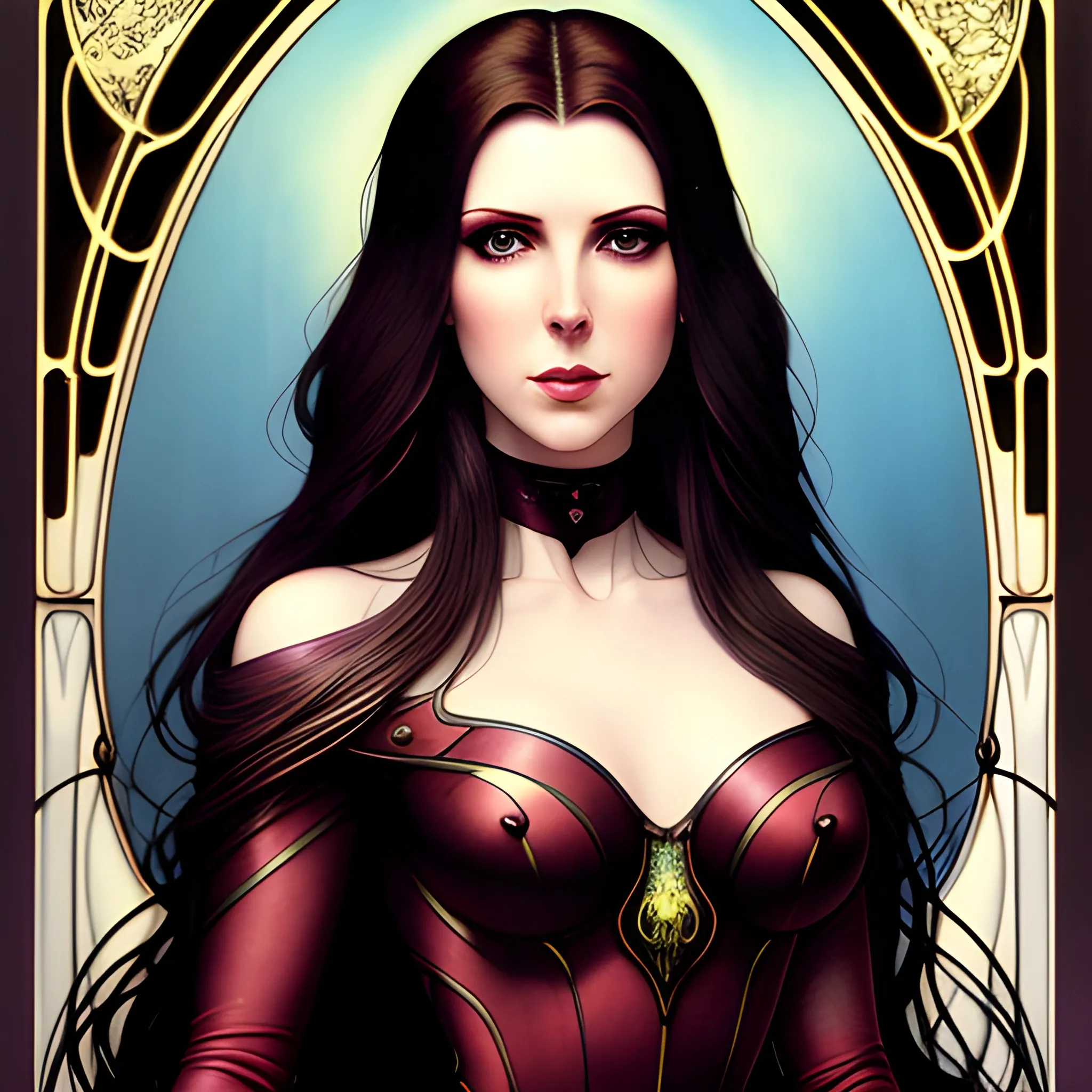 young Anna Kendrick, her highly detailed beautiful face, meticulously detailed multi-hued long straight dark hair, burgundy, berry wine and black, eldritch, macabre, by Stephen Gammell, Zdzislaw Beksinski; luminous color sparkles, Vintage Art, 8k resolution, art Nouveau poster; Alphonse Mucha, Artgerm, WLOP, Lisa Frank, James R. Eads, Illustration intricately detailed, Artstation, Chromolithography Soft Shading