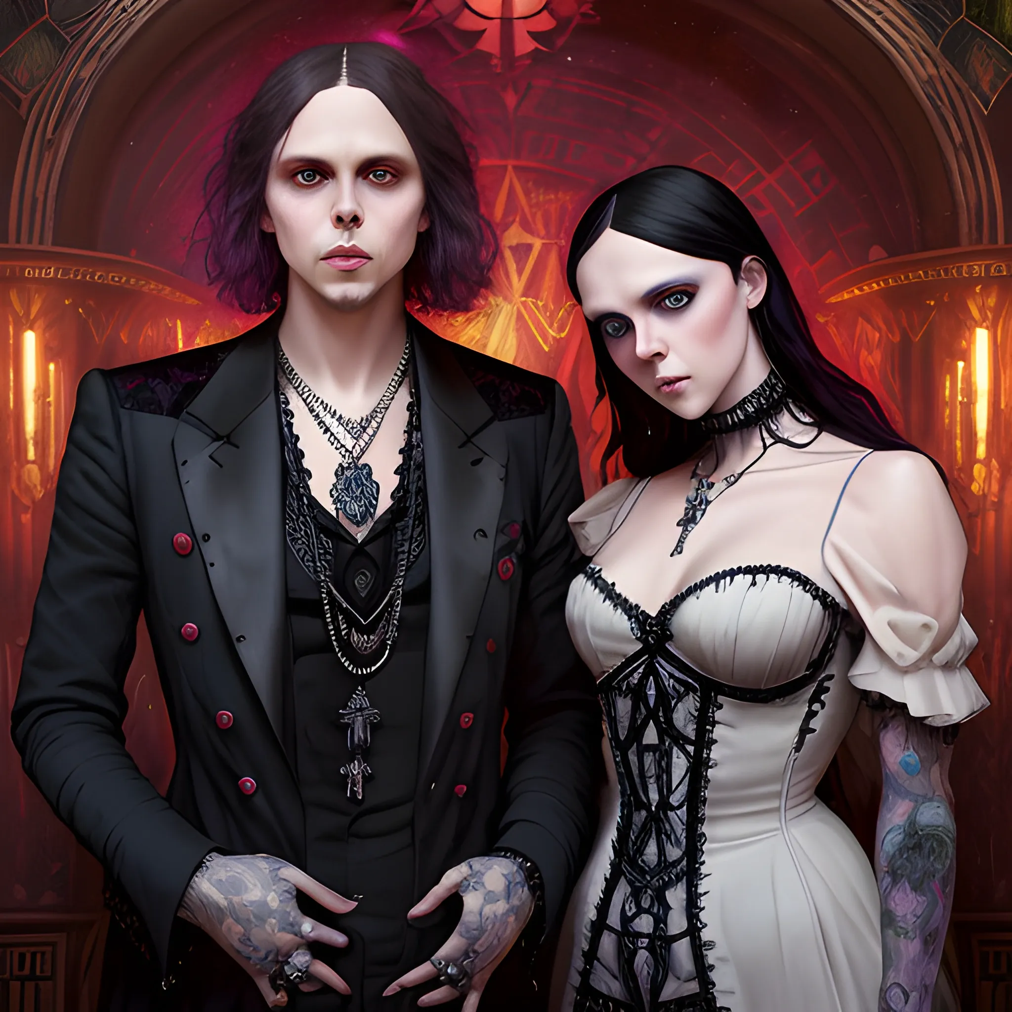 two men, Ville Valo and Tommy Cash at a gothic nightclub, highly detailed faces, modern American; by Lisa Frank, Daniel Gerhartz, Phil Noto art, Mucha, Manara; hyper-detailed, hyper-realistic, sharp focus; symmetrical face; textured shading, subtractive lighting, Unreal Engine, 3D