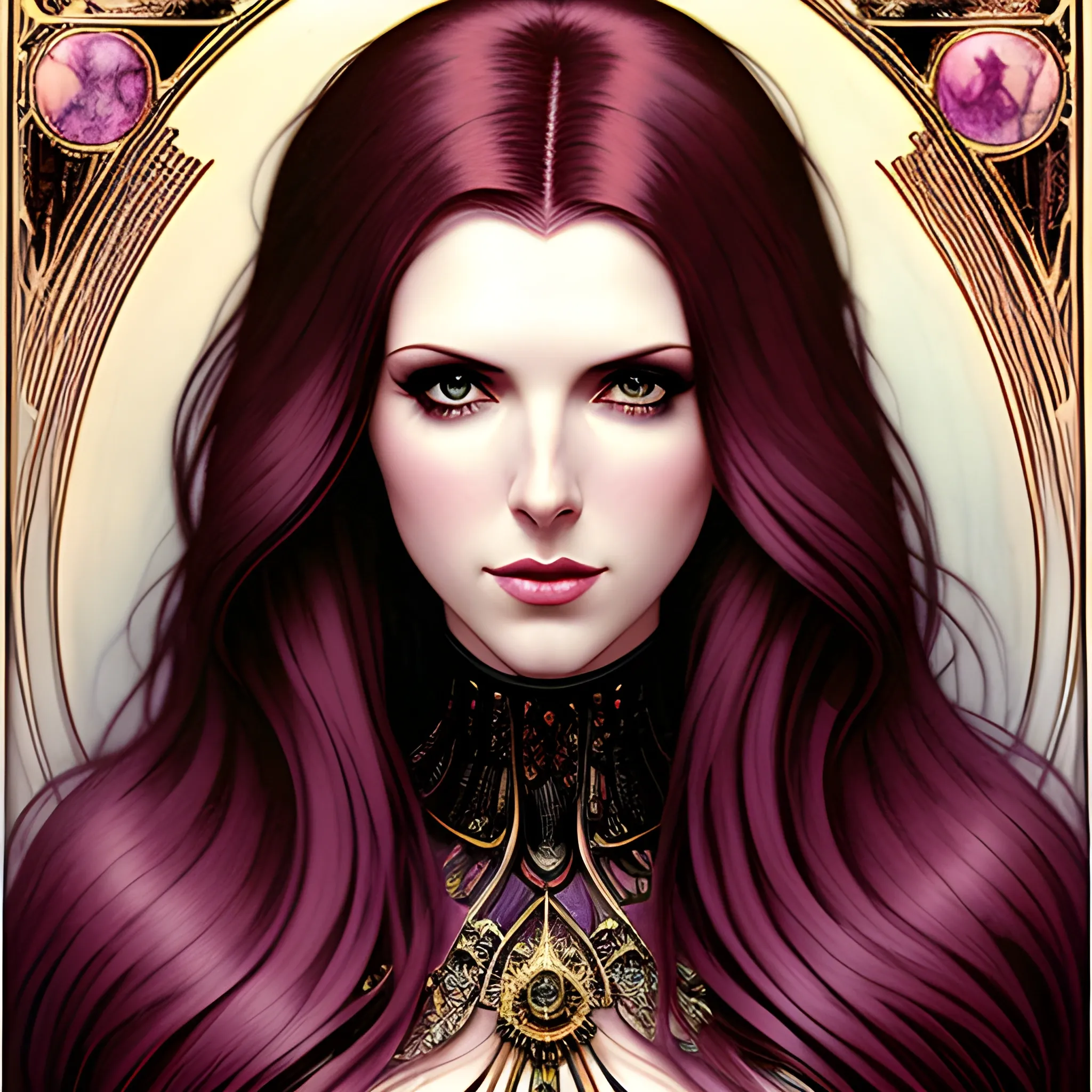 young Anna Kendrick, her highly detailed beautiful face, meticulously detailed multi-hued long straight dark hair, burgundy, berry wine and black, eldritch, macabre, by Stephen Gammell, Zdzislaw Beksinski; luminous color sparkles, Vintage Art, 8k resolution, art Nouveau poster; Alphonse Mucha, Artgerm, WLOP, Lisa Frank, James R. Eads, Illustration intricately detailed, Artstation, Chromolithography Soft Shading