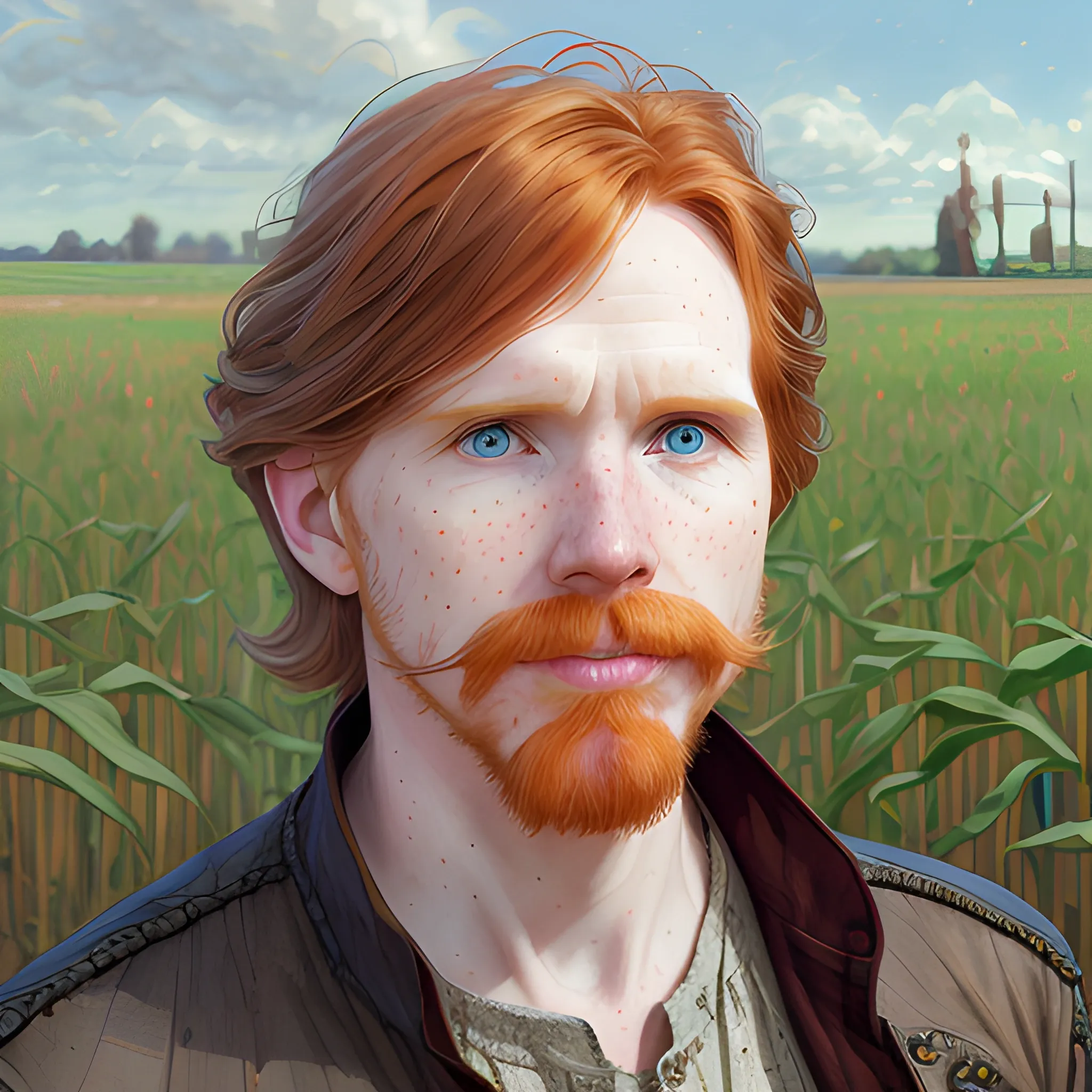 Courtney Gains, at a cornfield, highly detailed softly freckled face, dark red long feathered hair, modern American; by Lisa Frank, Daniel Gerhartz, Phil Noto art, Mucha, Manara; hyper-detailed, hyper-realistic, sharp focus; symmetrical face; textured shading, subtractive lighting, Unreal Engine