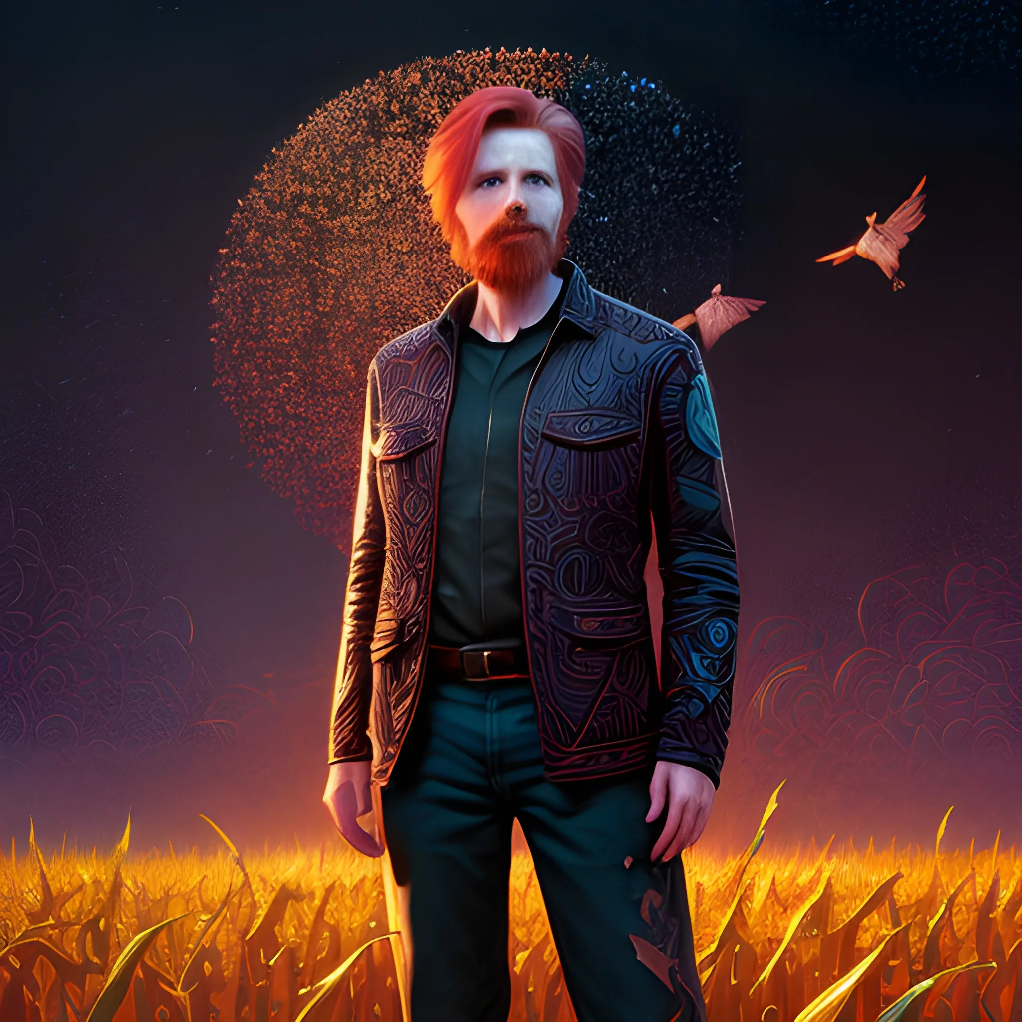 male actor Courtney Gains, his highly detailed handsome face, meticulously detailed multi-hued red hair, standing in tall corn, cornfield, nebula sky; by James R. Eads, Fausto-Giurescu, Tania Rivilis, Renata-s-art, Dan Mumford; luminous colorful sparkles, glitter, airbrush, depth of field, volumetric lighting, deep color, underground comix