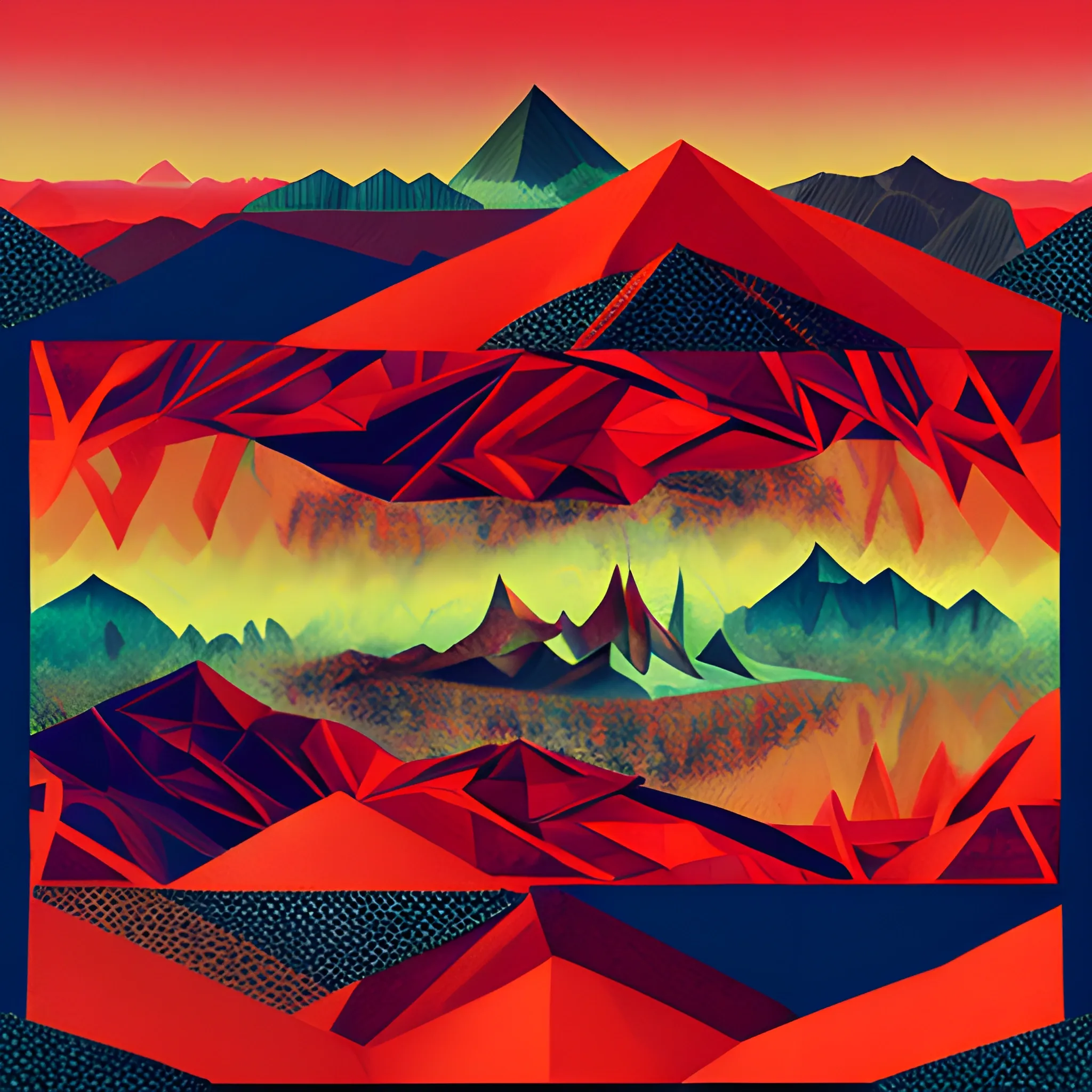 weirdest  strange figures abstract patterns dystopian world mountains red sky paper collage, Trippy, 3D