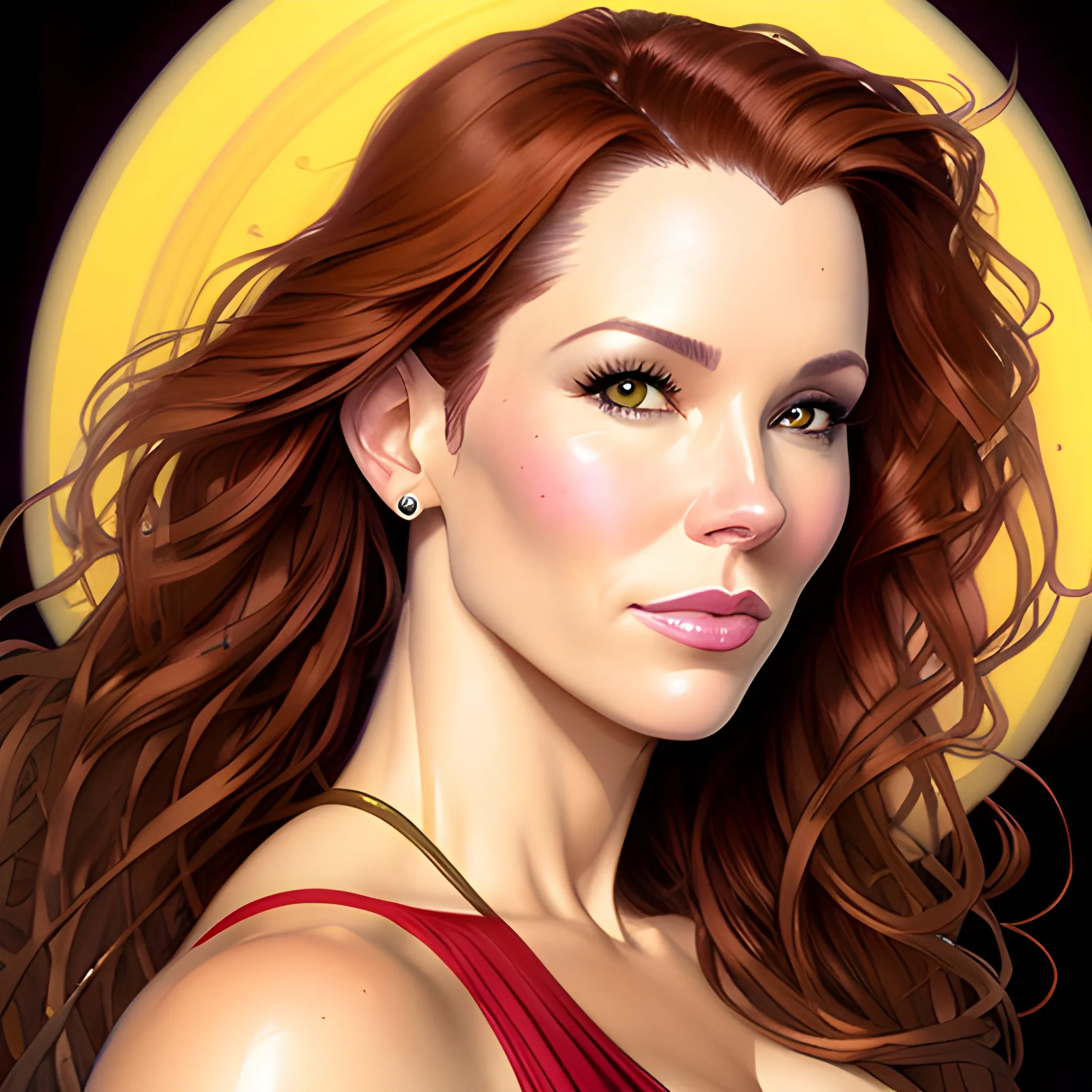 Young Robyn Lively with a beautiful and highly detailed face, brown eyes; modern American; by Lisa Frank, Daniel Gerhartz, phil noto, sienkiewicz, mucha, jim lee, manara; hyper-detailed, hyper-realistic, sharp focus; symmetrical face; textured shading, subtractive lighting, Unreal Engine, sharp focus