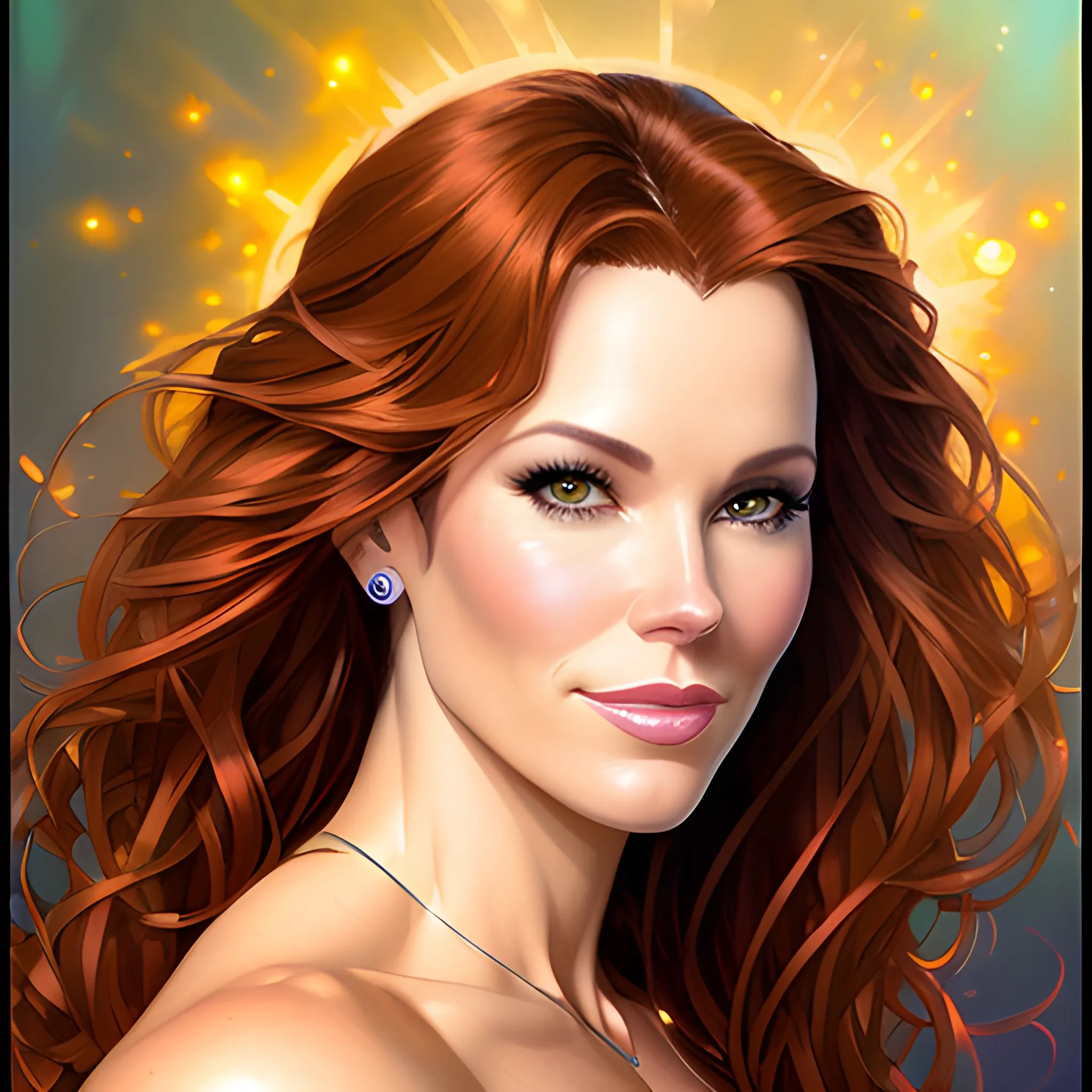 Young Robyn Lively with a beautiful and highly detailed face, brown eyes; modern American; by Lisa Frank, Daniel Gerhartz, phil noto, sienkiewicz, mucha, jim lee, manara; hyper-detailed, hyper-realistic, sharp focus; symmetrical face; textured shading, subtractive lighting, Unreal Engine, sharp focus