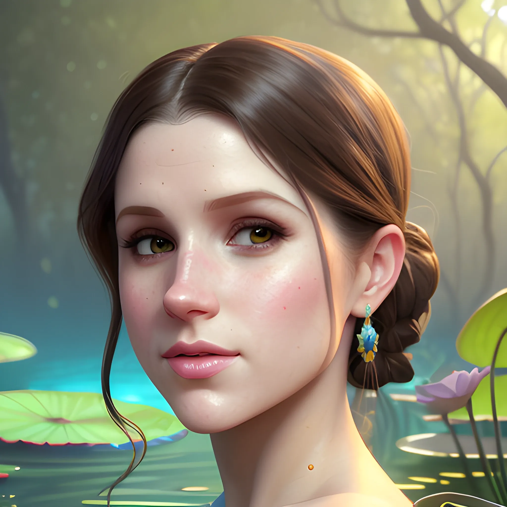 Meghan Markle / Anna Kendrick face morph at a lotus pond; highly detailed beautiful face; glitter, renaissance; high contrast, pastel, sorbet, pearlescent, underwater, surreal, Unreal Engine 5; by Dan Parent, Alphonse Mucha, Artgerm, WLOP, intricately detailed, fantasy, bizarre, beautiful, Chromolithography, Soft Shading, Unreal Engine; digital painting, smooth, sharp focus, illustration, art by lisa frank, Steve Goad, Frank Frazetta, William-Adolphe Bouguereau, Unreal Engine 5, Cartoon, 3D, Oil Painting, 3D