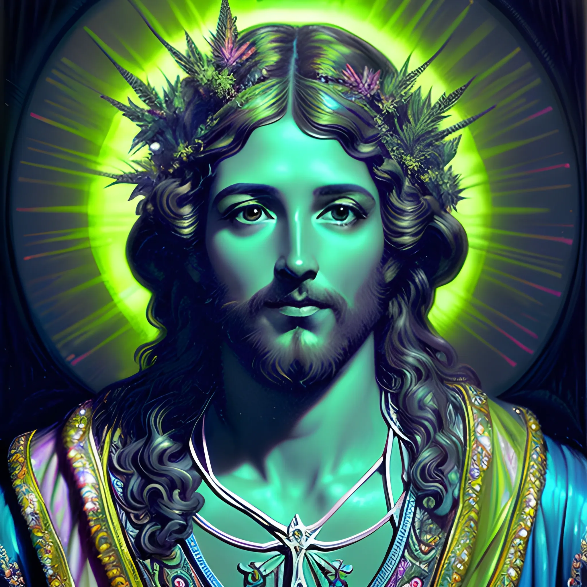 eoclassicist colorful blacklight uv highly detailed painting of Jesus as a marijuana goddess, ethereal fantasy hyperdetailed mist, maximalist matte painting, polished, realistic oil painting; old fashioned, vintage, antique; luminous color sparkles, marijuana, by gaston bussiere, craig mullins, j. c. leyendecker, norman rockwell