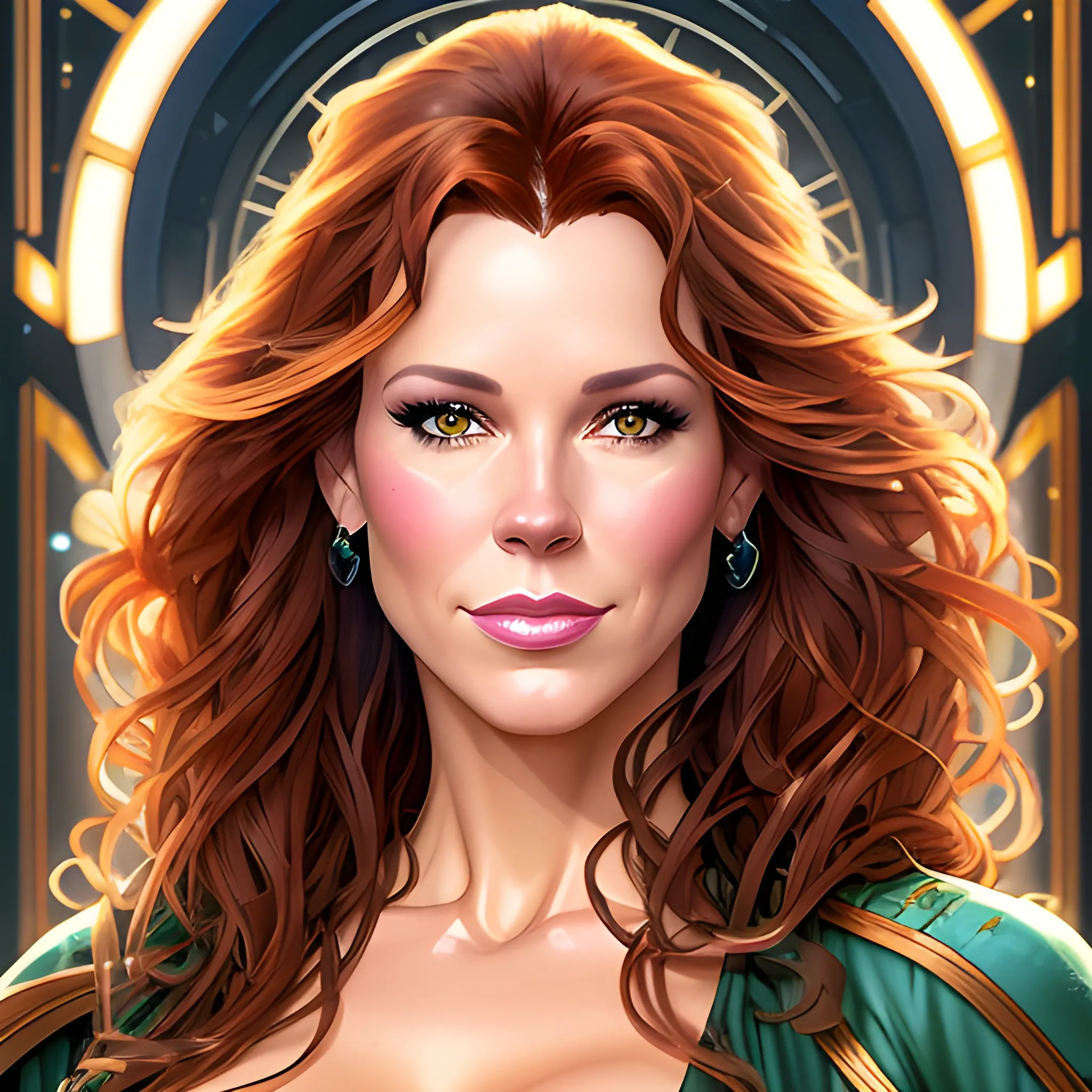 Young Robyn Lively with a beautiful and highly detailed face, brown eyes; modern American; by Lisa Frank, Daniel Gerhartz, phil noto, sienkiewicz, mucha, jim lee, manara; hyper-detailed, hyper-realistic, sharp focus; symmetrical face; textured shading, subtractive lighting, Unreal Engine, sharp focus