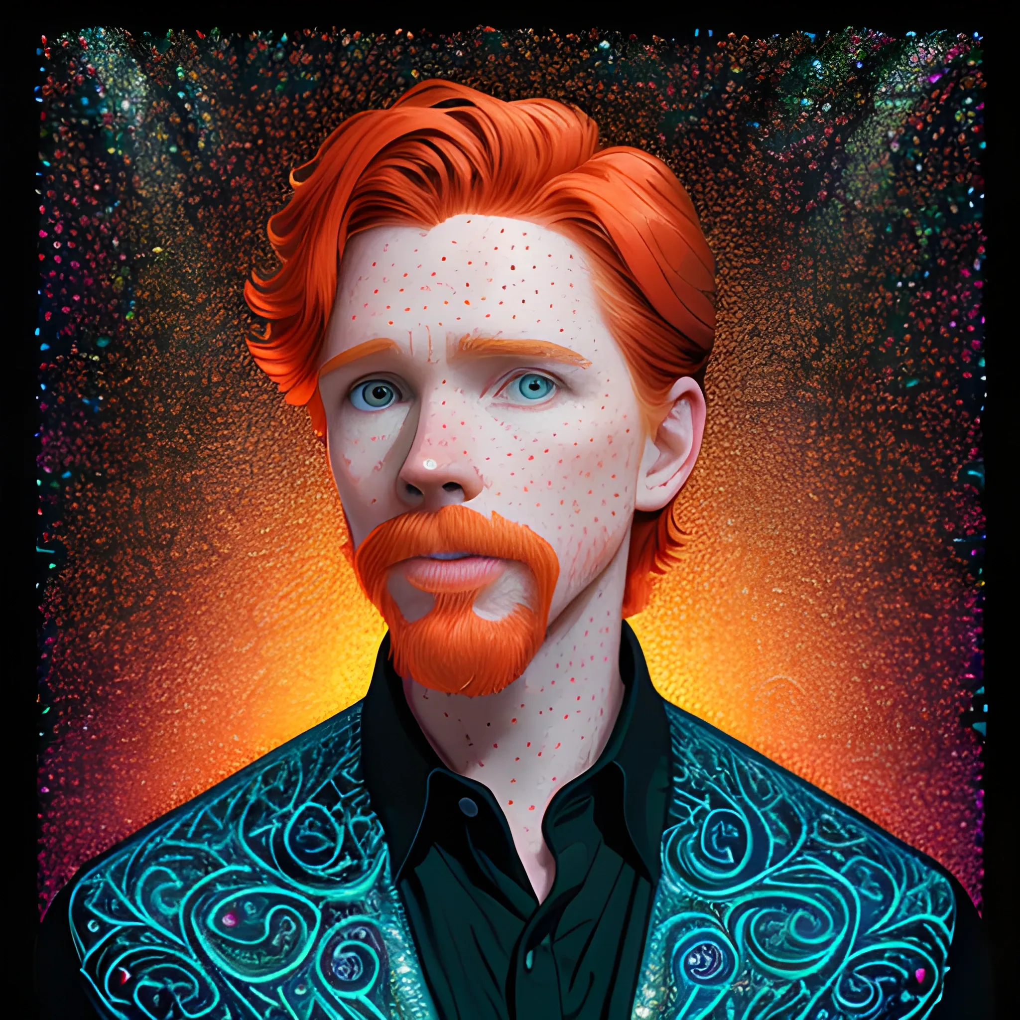 male actor Courtney Gains, his highly detailed handsome softly freckled face, meticulously detailed multi-hued red hair; by James R. Eads, Fausto-Giurescu, Tania Rivilis, Dan Mumford; luminous colorful sparkles, glitter, airbrush, depth of field, volumetric lighting