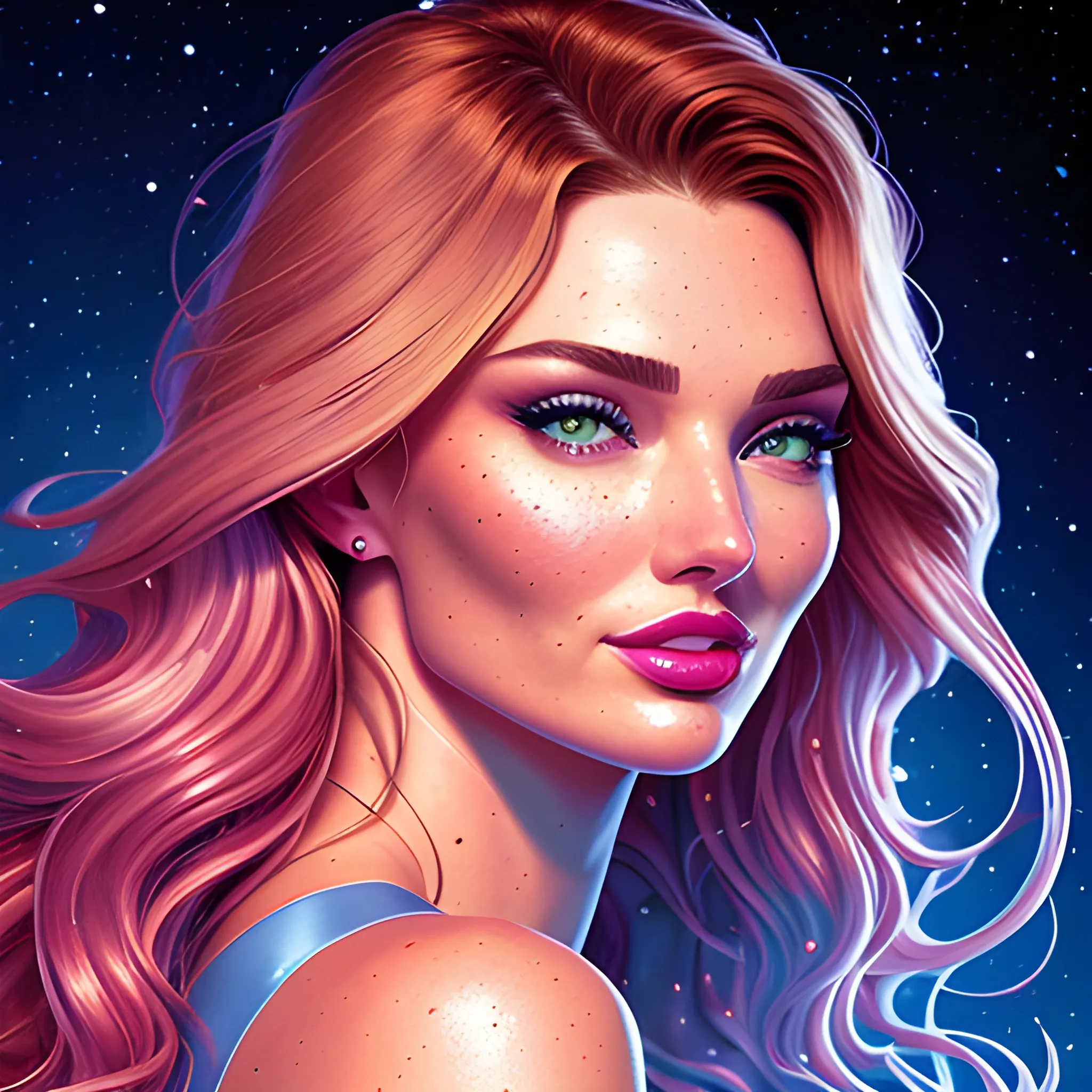 young Miranda Kerr / Candice Swanepoel / Elsa Hosk face morph, her highly detailed attractive softly freckled face, high cheekbones, sunken cheeks, meticulously detailed, multi-hued white-blond-red hair, blue-green eyes, dimple; supermodel, Victoria's Secret angel; by James R. Eads, Fausto-Giurescu, Tania Rivilis, Maxfield Parrish, Alphonse Mucha, Dan Mumford; luminous colorful sparkles, glitter, airbrush, depth of field, volumetric lighting Jason Beam art, Julie Bell art, Scott M Fischer, Neysa McMein, 3D