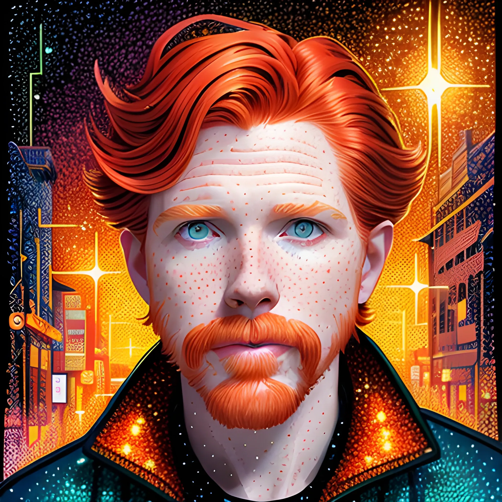 male actor Courtney Gains, his highly detailed handsome softly freckled face, meticulously detailed multi-hued red hair; by James R. Eads, Fausto-Giurescu, Tania Rivilis, Dan Mumford; luminous colorful sparkles, glitter, airbrush, depth of field, volumetric lighting