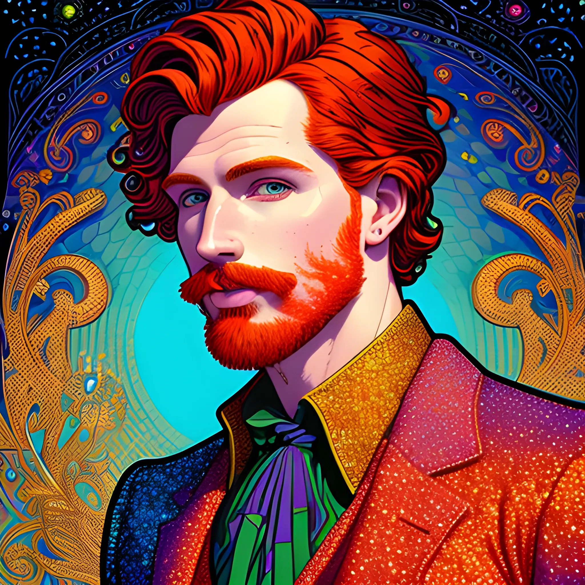 male model Gwilym Pugh, his highly detailed handsome face, meticulously detailed multi-hued red hair; by James R. Eads, Fausto-Giurescu, Tania Rivilis, Maxfield Parrish, Alphonse Mucha, Dan Mumford; luminous colorful sparkles, glitter, airbrush, depth of field, volumetric lighting, deep color, underground comix, 3D