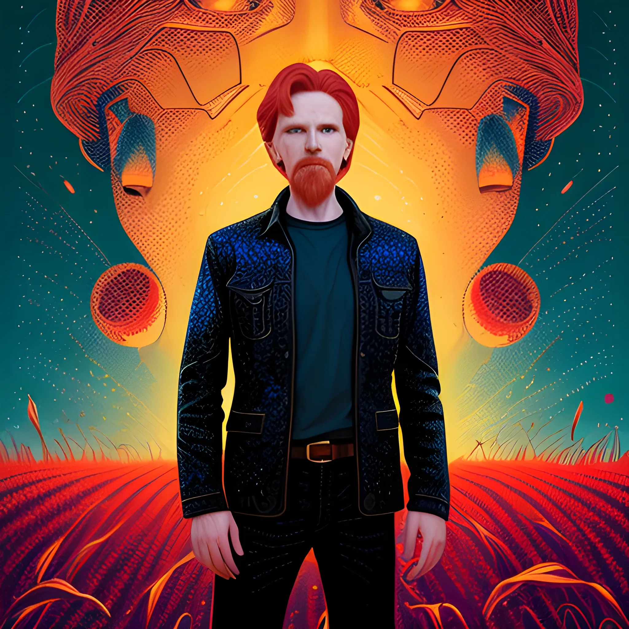 male actor Courtney Gains, his highly detailed handsome face, meticulously detailed multi-hued red hair, standing in tall corn, cornfield, nebula sky; by James R. Eads, Fausto-Giurescu, Tania Rivilis, Renata-s-art, Dan Mumford; luminous colorful sparkles, glitter, airbrush, depth of field, volumetric lighting, deep color, underground comix