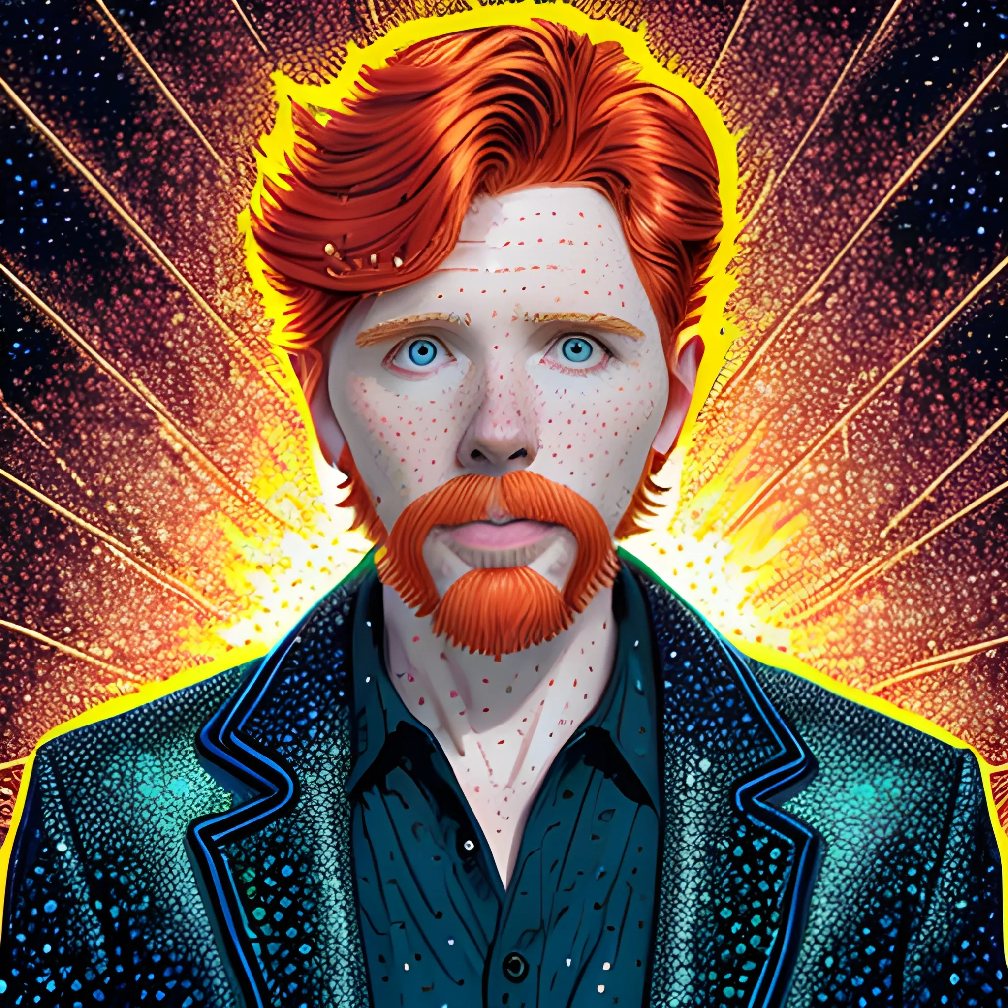 male actor Courtney Gains, his highly detailed handsome softly freckled face, meticulously detailed multi-hued red hair; by James R. Eads, Fausto-Giurescu, Tania Rivilis, Dan Mumford; luminous colorful sparkles, glitter, airbrush, depth of field, volumetric lighting