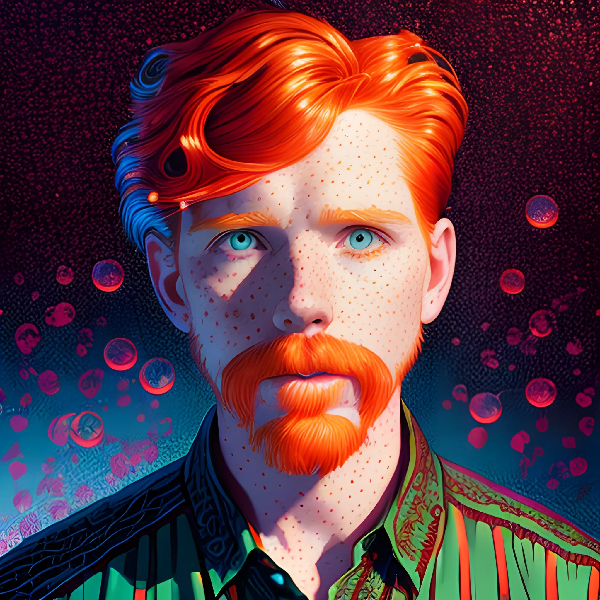 male actor Courtney Gains, his highly detailed handsome softly freckled face, meticulously detailed multi-hued red hair; by James R. Eads, Fausto-Giurescu, Tania Rivilis, Dan Mumford; luminous colorful sparkles, glitter, airbrush, depth of field, volumetric lighting