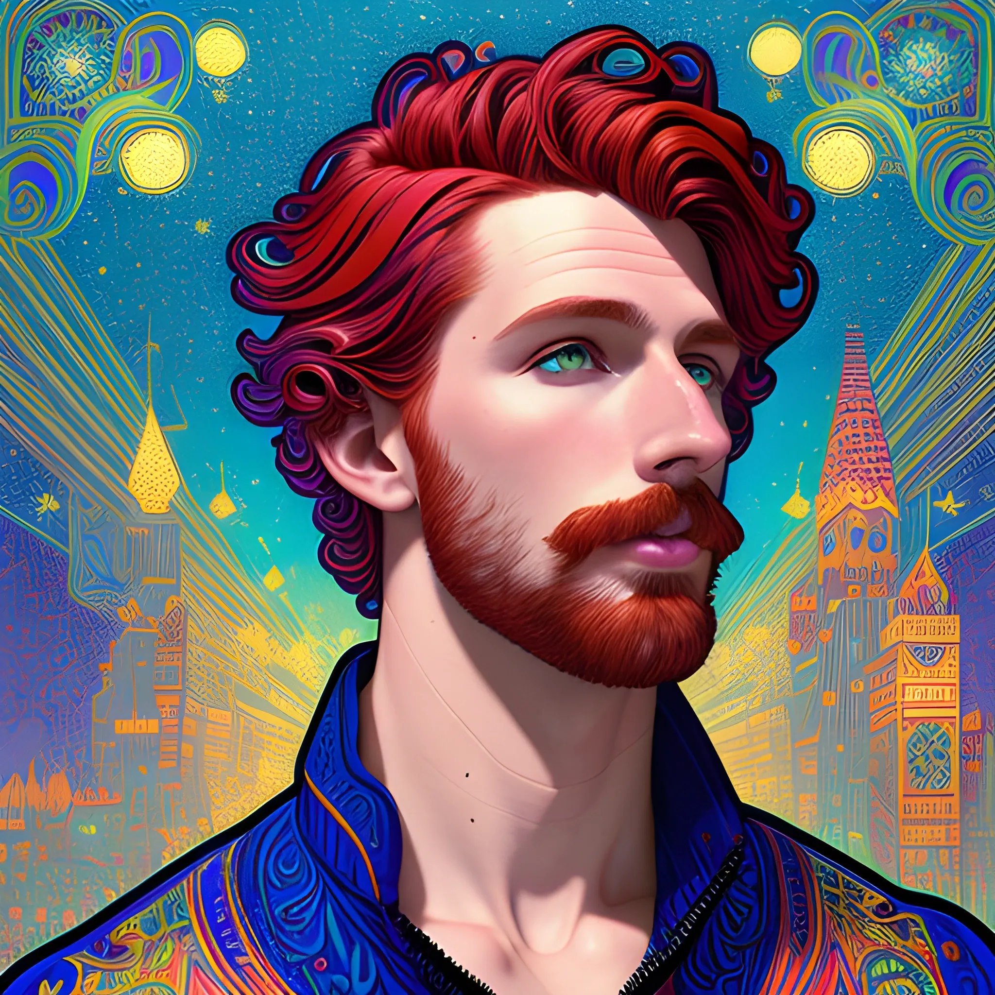 male model Gwilym Pugh, his highly detailed handsome face, meticulously detailed multi-hued red hair; by James R. Eads, Fausto-Giurescu, Tania Rivilis, Maxfield Parrish, Alphonse Mucha, Dan Mumford; luminous colorful sparkles, glitter, airbrush, depth of field, volumetric lighting, deep color, underground comix, 3D