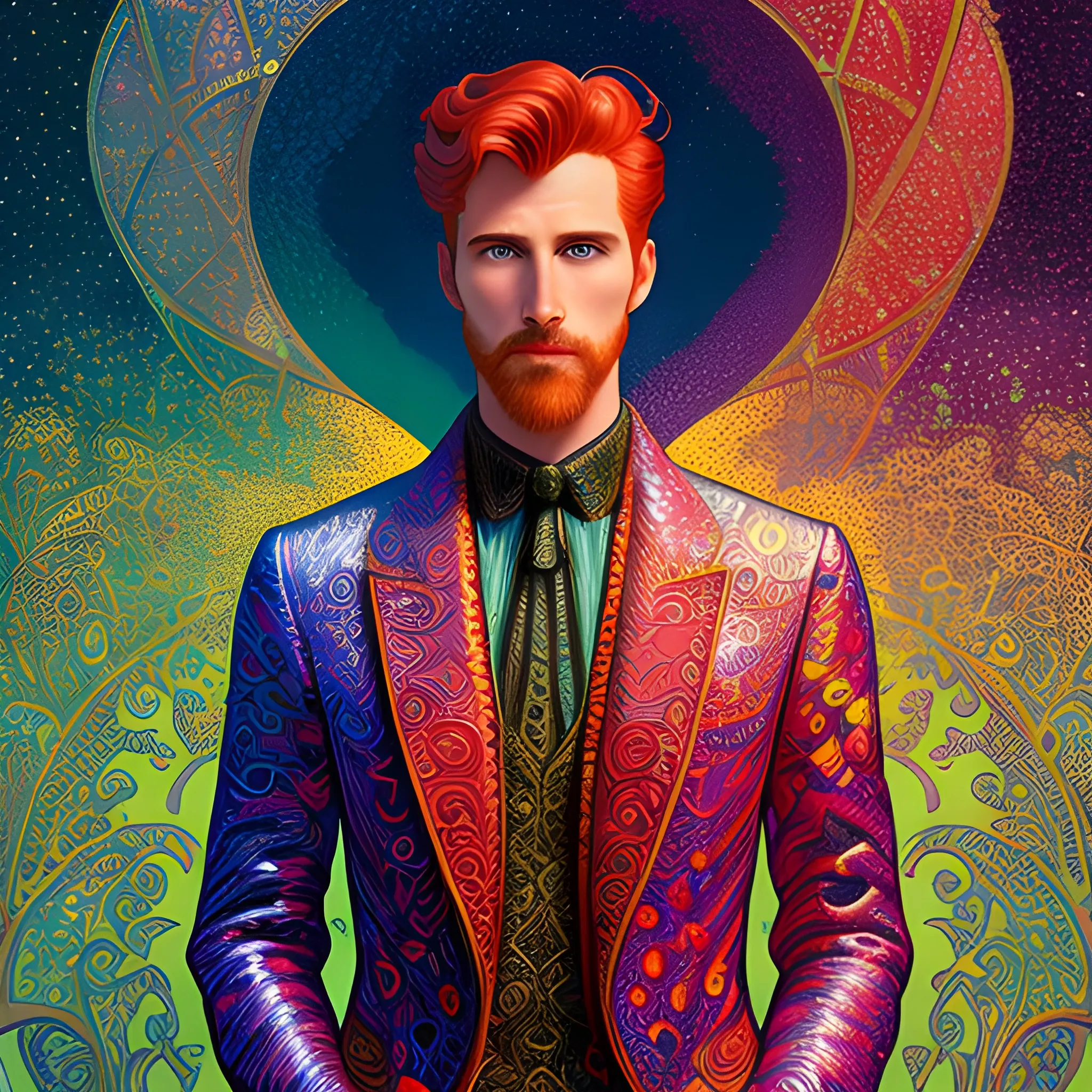 male model Gwilym Pugh, his highly detailed handsome face, meticulously detailed multi-hued red hair; by James R. Eads, Fausto-Giurescu, Tania Rivilis, Maxfield Parrish, Alphonse Mucha, Dan Mumford; luminous colorful sparkles, glitter, airbrush, depth of field, volumetric lighting, deep color, underground comix, 3D