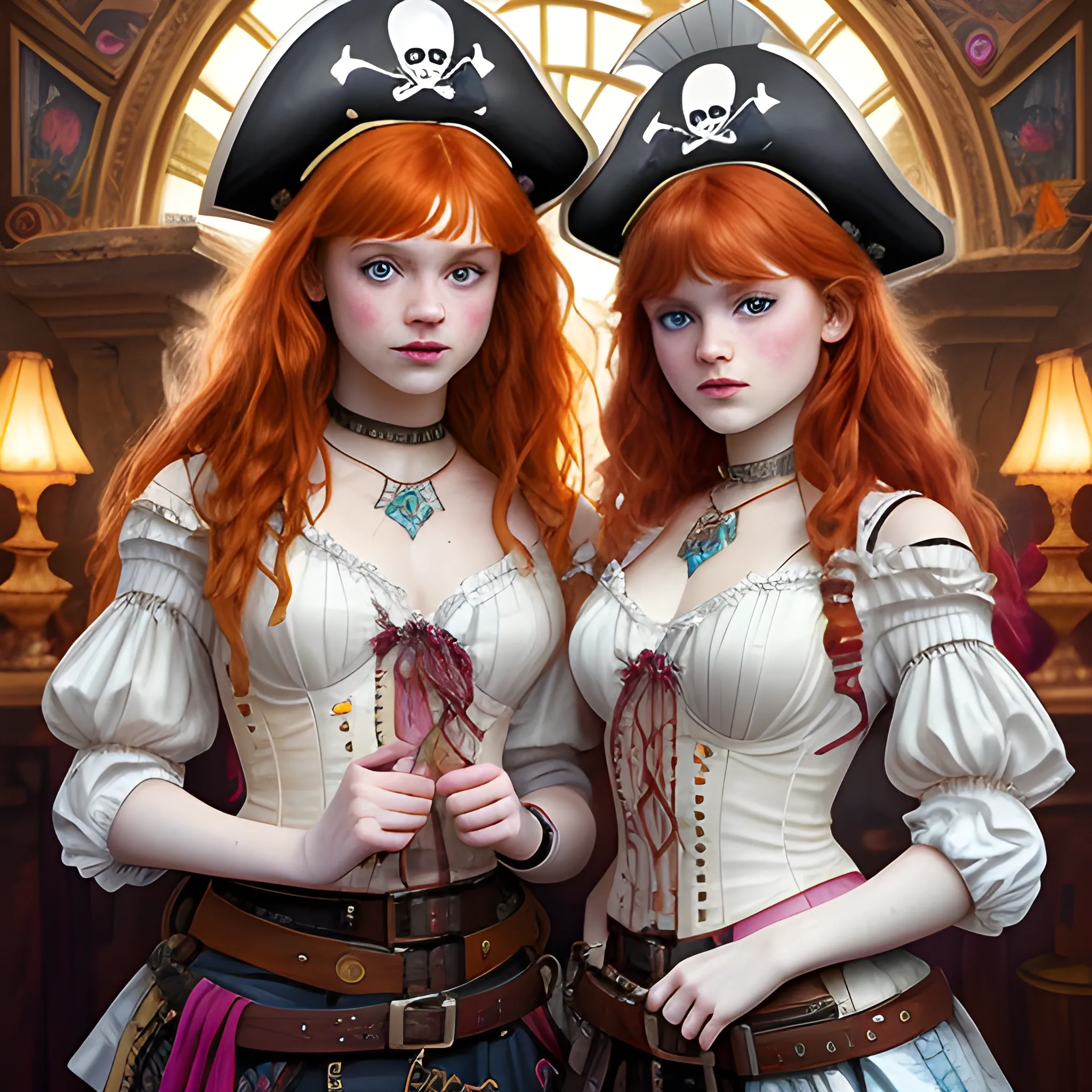 Sadie Sink and Bella Thorne doing cosplay as pirates, highly detailed beautiful faces, different shades of red hair, modern American; by Lisa Frank, Daniel Gerhartz, Phil Noto art, Mucha, Manara; hyper-detailed, hyper-realistic, sharp focus; symmetrical face; textured shading, subtractive lighting, Unreal Engine