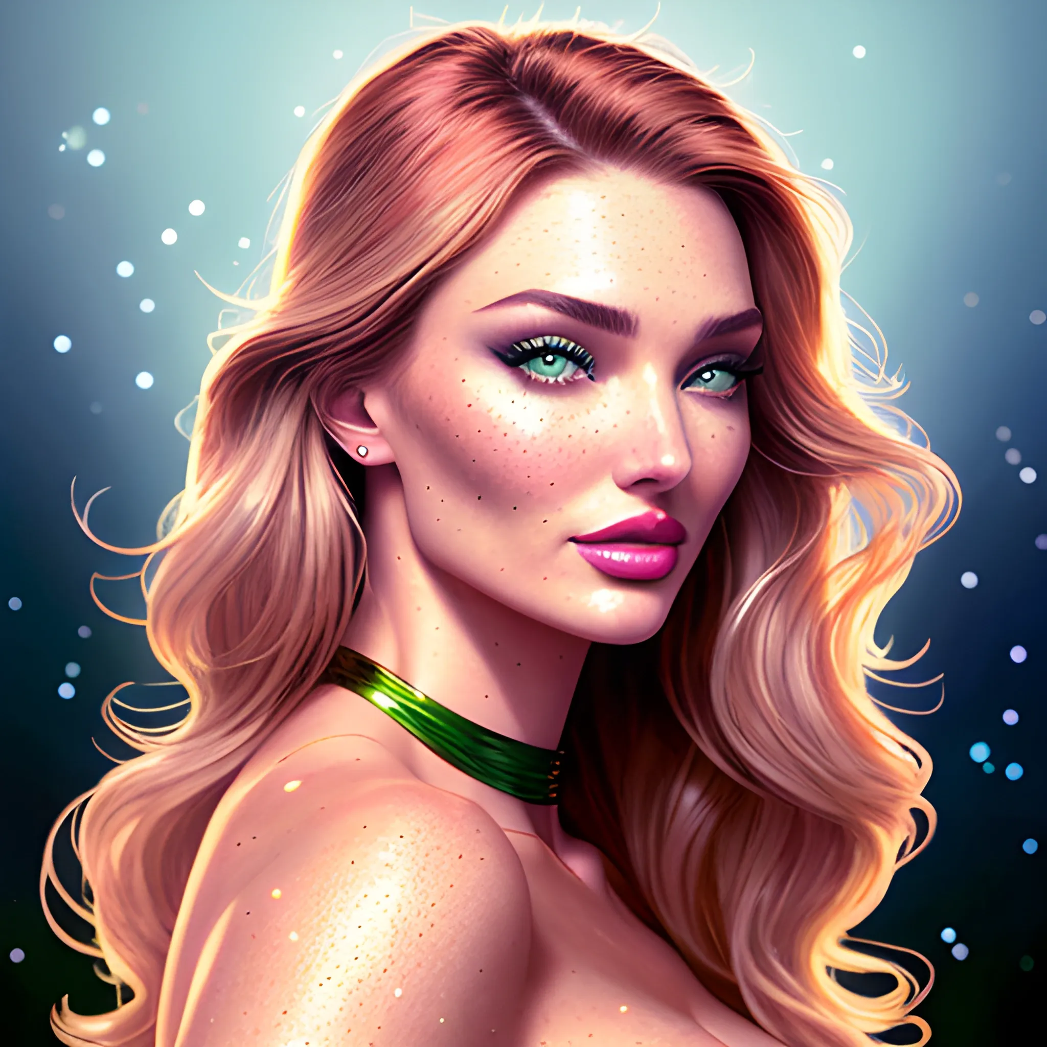 young Miranda Kerr / Candice Swanepoel / Elsa Hosk face morph, her highly detailed attractive softly freckled face, high cheekbones, sunken cheeks, meticulously detailed, multi-hued white-blond-red hair, blue-green eyes, dimple; supermodel, Victoria's Secret angel; by James R. Eads, Fausto-Giurescu, Tania Rivilis, Maxfield Parrish, Alphonse Mucha, Dan Mumford; luminous colorful sparkles, glitter, airbrush, depth of field, volumetric lighting Jason Beam art, Julie Bell art, Scott M Fischer, Neysa McMein, 3D