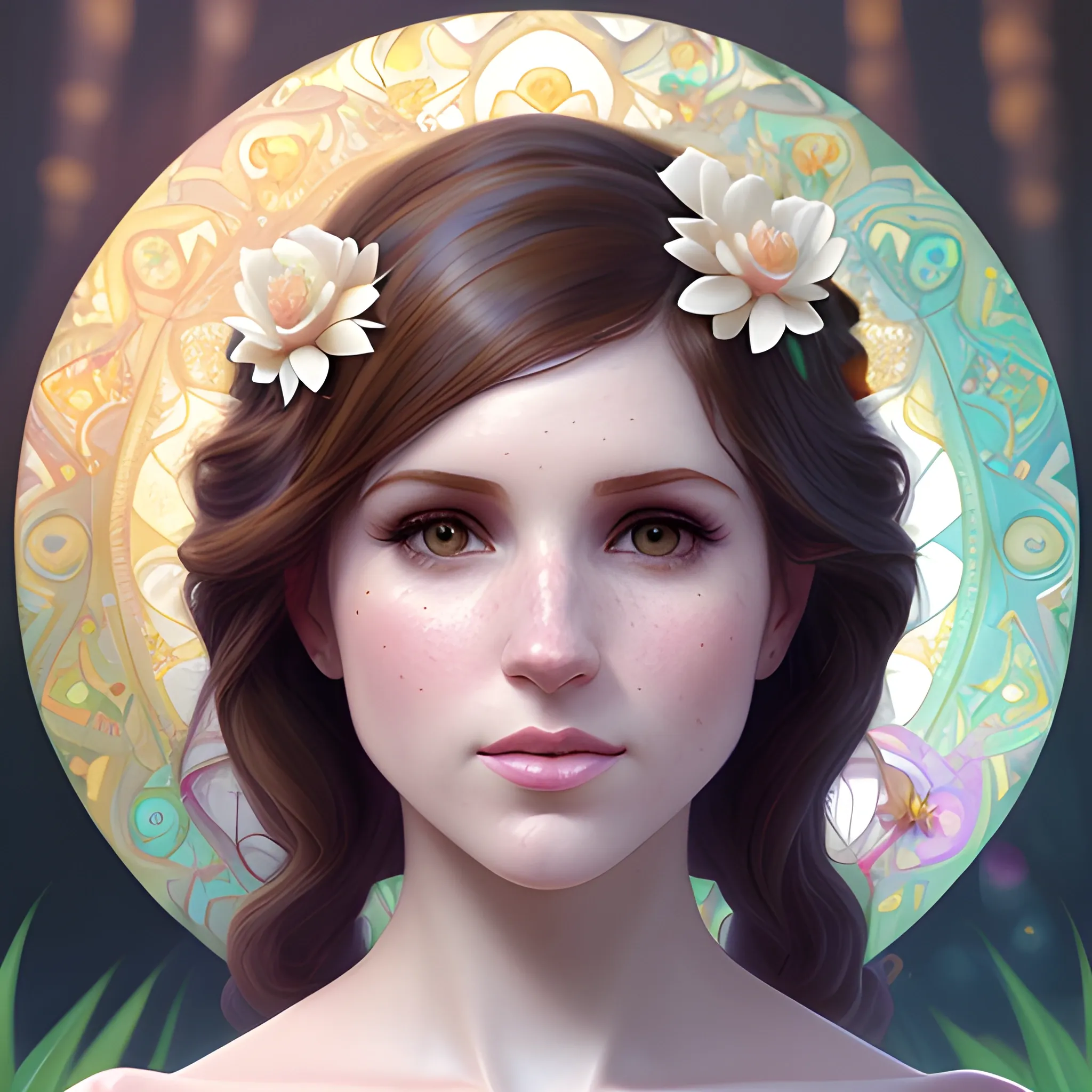 Meghan Markle / Anna Kendrick face morph at a lotus pond; highly detailed beautiful face; glitter, renaissance; high contrast, pastel, sorbet, pearlescent, underwater, surreal, Unreal Engine 5; by Dan Parent, Alphonse Mucha, Artgerm, WLOP, intricately detailed, fantasy, bizarre, beautiful, Chromolithography, Soft Shading, Unreal Engine; digital painting, smooth, sharp focus, illustration, art by lisa frank, Steve Goad, Frank Frazetta, William-Adolphe Bouguereau, Unreal Engine 5, Cartoon, 3D, Oil Painting, 3D