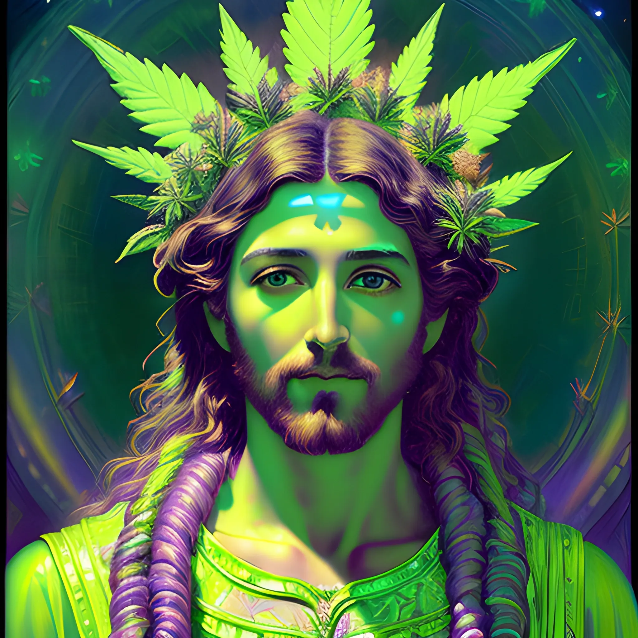 eoclassicist colorful blacklight uv highly detailed painting of Jesus as a marijuana goddess, ethereal fantasy hyperdetailed mist, maximalist matte painting, polished, realistic oil painting; old fashioned, vintage, antique; luminous color sparkles, marijuana, by gaston bussiere, craig mullins, j. c. leyendecker, norman rockwell