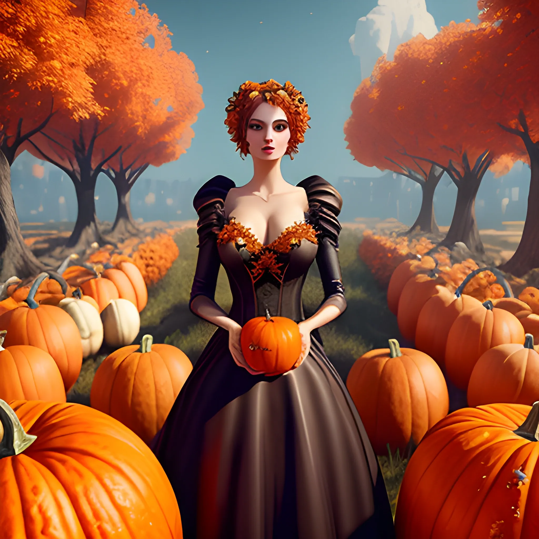 a beautiful young woman surrounded by pumpkins, fantasy art; Renaissance,16k, mixed media, ethereal, Unreal Engine 5 