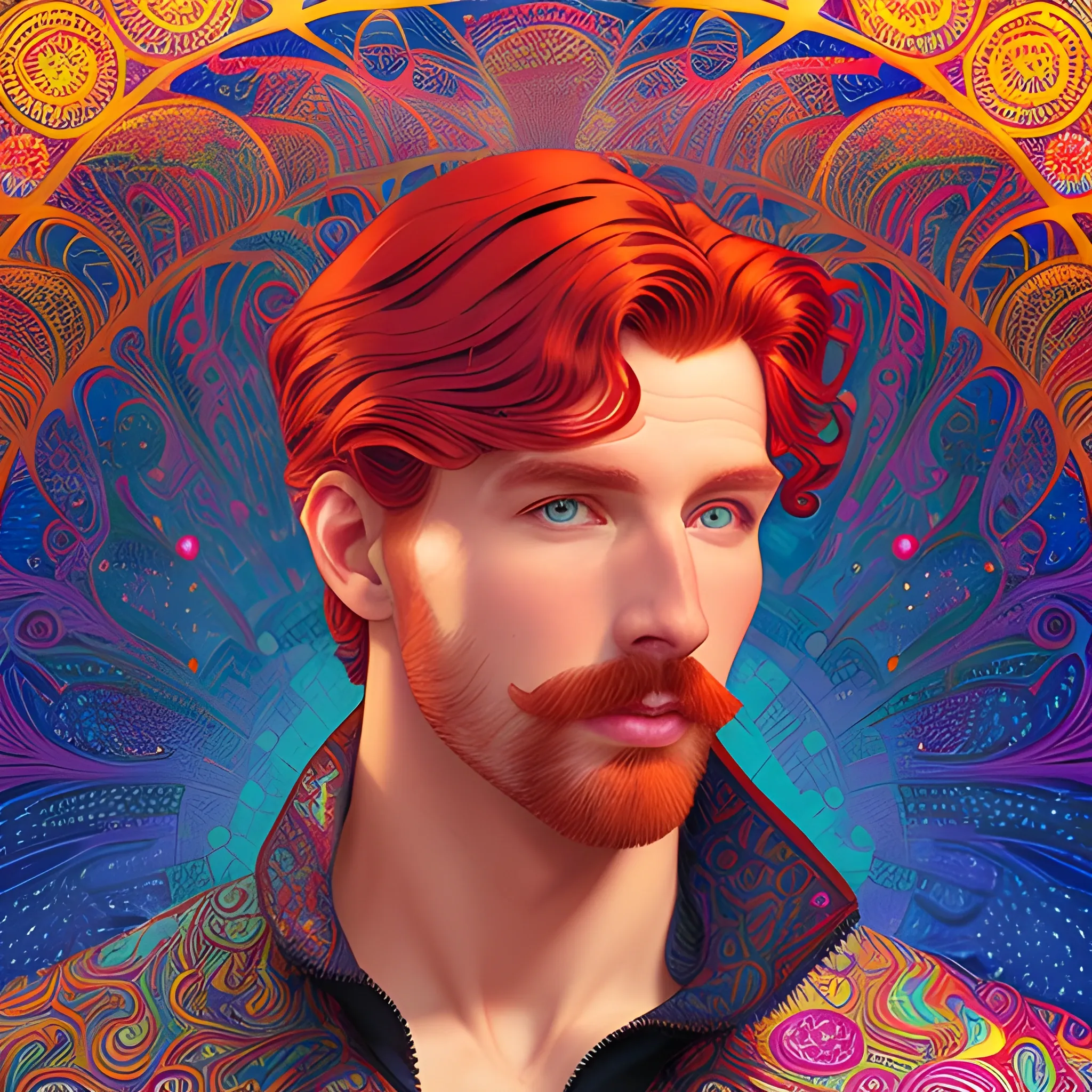 male model Gwilym Pugh, his highly detailed handsome face, meticulously detailed multi-hued red hair; by James R. Eads, Fausto-Giurescu, Tania Rivilis, Maxfield Parrish, Alphonse Mucha, Dan Mumford; luminous colorful sparkles, glitter, airbrush, depth of field, volumetric lighting, deep color, underground comix, 3D