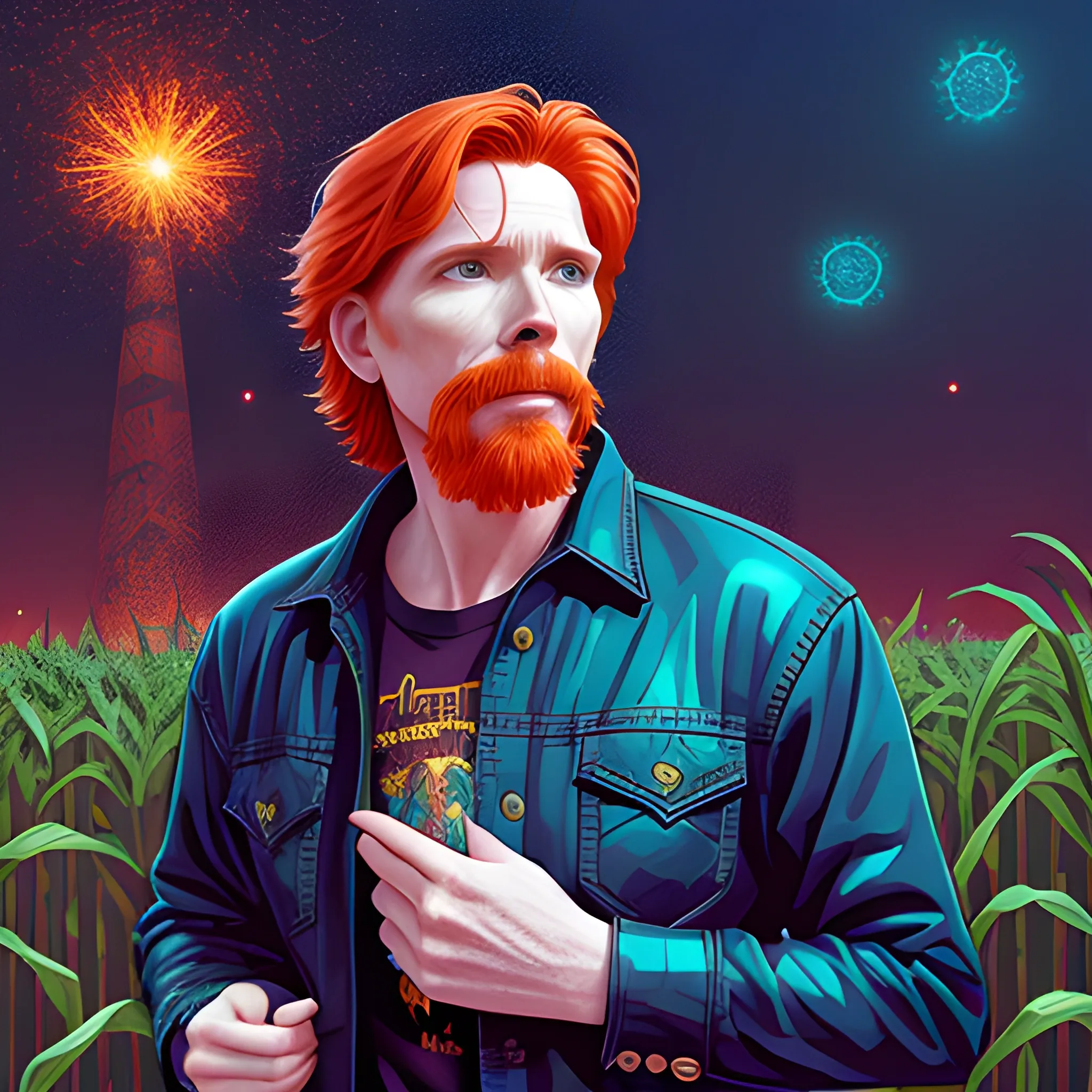 male actor Courtney Gains, his highly detailed handsome face, meticulously detailed multi-hued red hair, standing in tall corn, cornfield, nebula sky; by James R. Eads, Fausto-Giurescu, Tania Rivilis, Renata-s-art, Dan Mumford; luminous colorful sparkles, glitter, airbrush, depth of field, volumetric lighting, deep color, underground comix