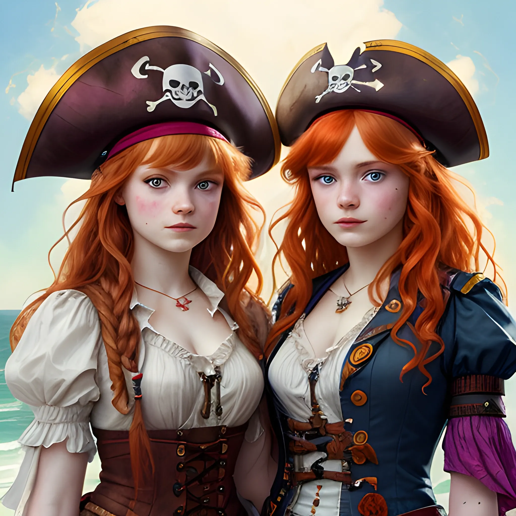 Sadie Sink and Bella Thorne doing cosplay as pirates, highly detailed faces, modern American; by Lisa Frank, Daniel Gerhartz, Phil Noto art, Mucha, Manara; hyper-detailed, hyper-realistic, sharp focus; symmetrical face; textured shading, subtractive lighting, Unreal Engine