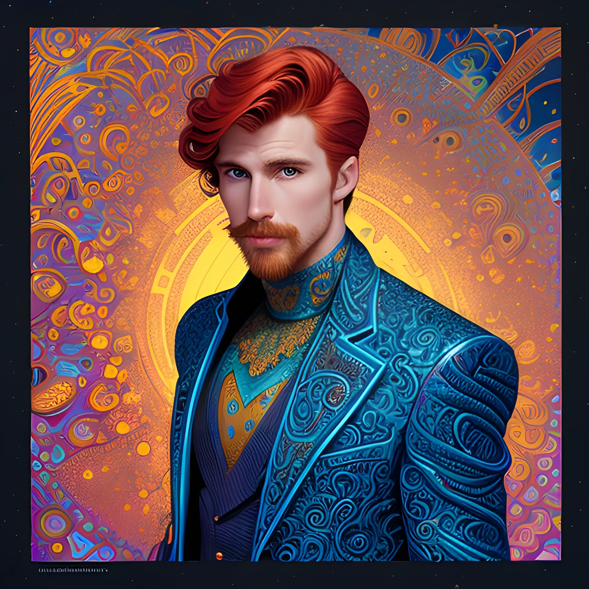 male model Gwilym Pugh, his highly detailed handsome face, meticulously detailed multi-hued red hair; by James R. Eads, Fausto-Giurescu, Tania Rivilis, Maxfield Parrish, Alphonse Mucha, Dan Mumford; luminous colorful sparkles, glitter, airbrush, depth of field, volumetric lighting, deep color, underground comix, 3D