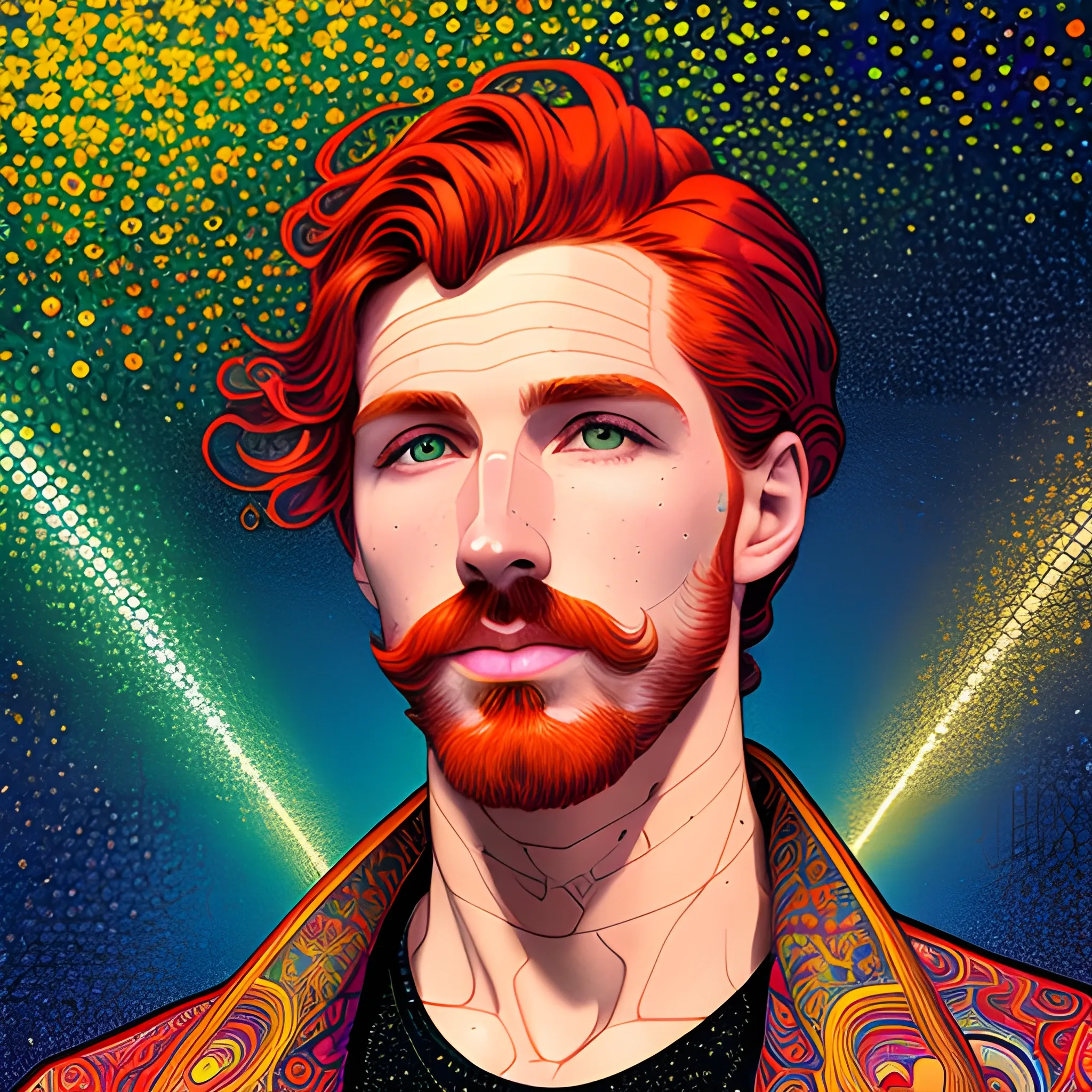 male model Gwilym Pugh, his highly detailed handsome face, meticulously detailed multi-hued red hair; by James R. Eads, Fausto-Giurescu, Tania Rivilis, Maxfield Parrish, Alphonse Mucha, Dan Mumford; luminous colorful sparkles, glitter, airbrush, depth of field, volumetric lighting, deep color, underground comix, 3D