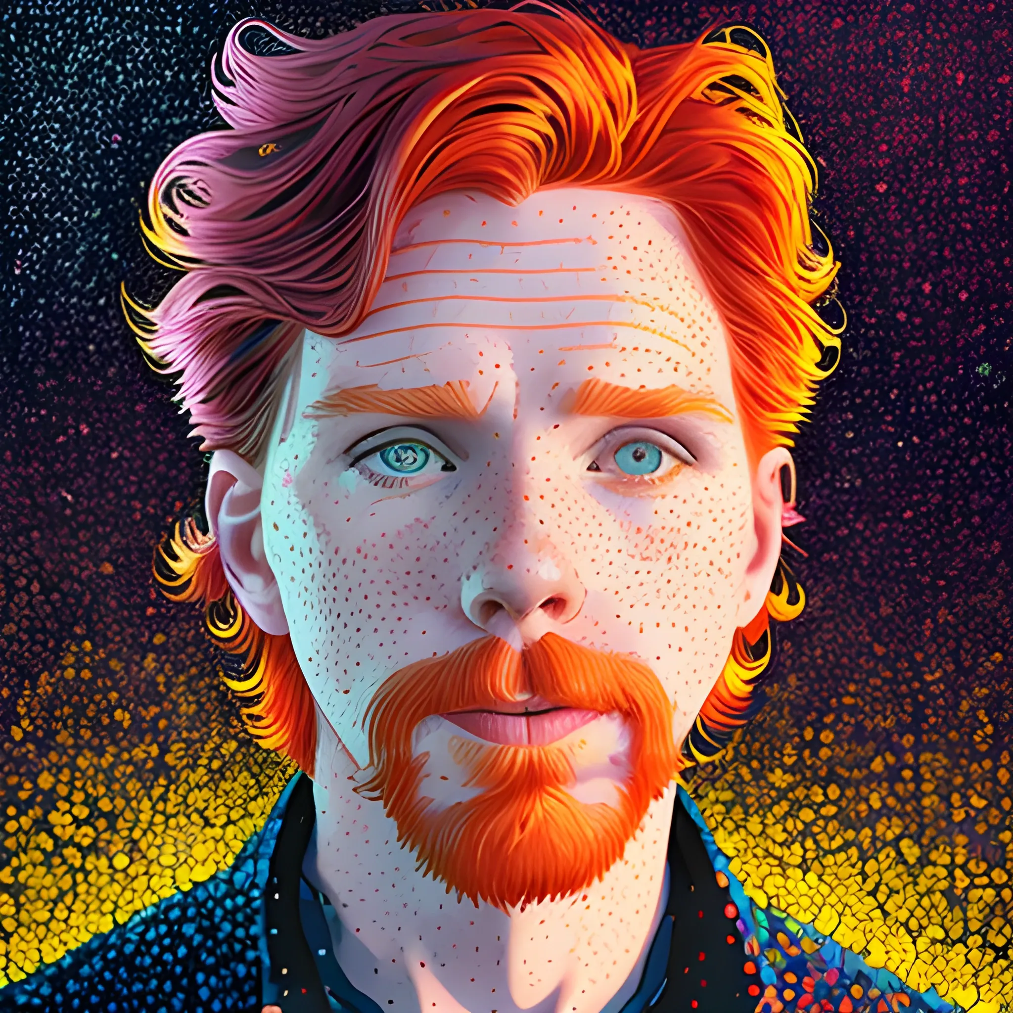 male actor Courtney Gains, his highly detailed handsome softly freckled face, meticulously detailed multi-hued red hair; by James R. Eads, Fausto-Giurescu, Tania Rivilis, Dan Mumford; luminous colorful sparkles, glitter, airbrush, depth of field, volumetric lighting