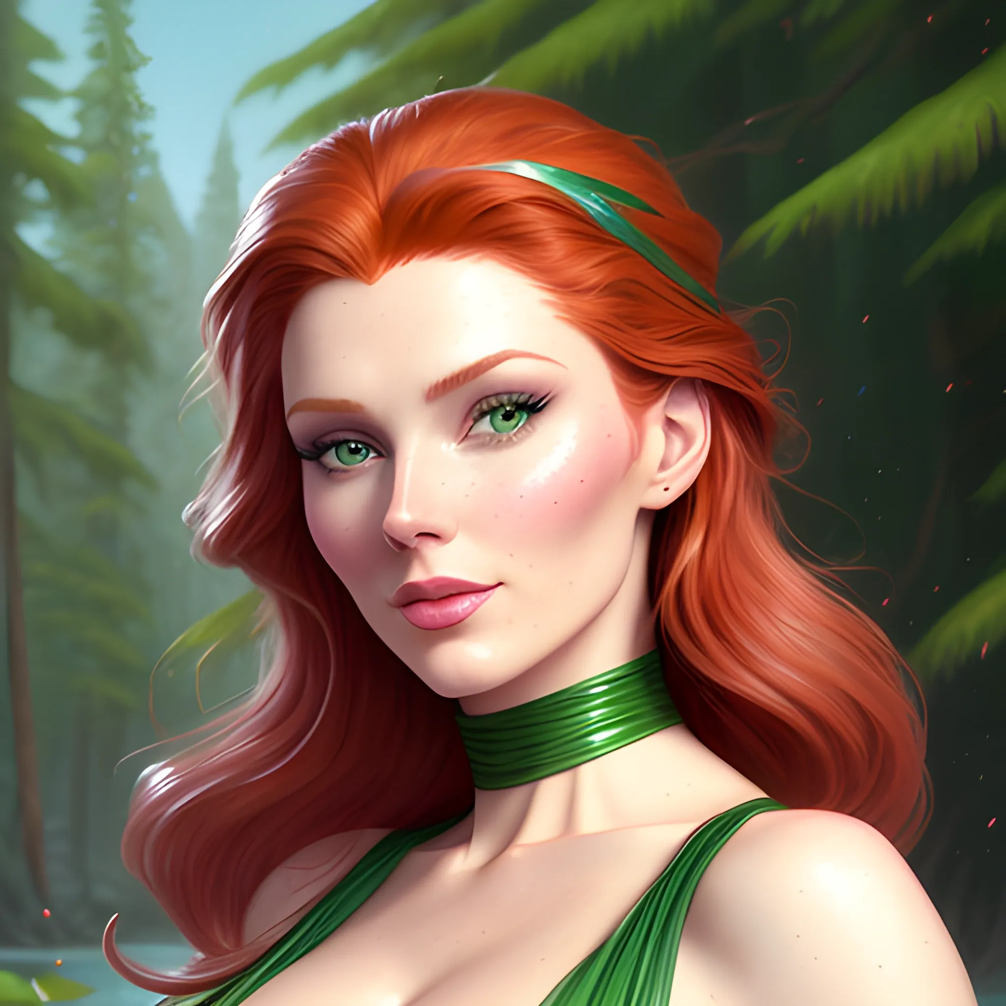 Elsa Hosk / Shanina Sheik / Robyn Lively face morph in a deep green pine tree forest; red hair, green eyes, highly detailed beautiful face; glitter, high contrast, pastel, sorbet, pearlescent, by Dan Parent, Artgerm, WLOP, intricately detailed, fantasy, beautiful, Chromolithography, Soft Shading, Unreal Engine; digital painting, smooth, sharp focus, illustration, art by lisa frank, Steve Goad, Frank Frazetta, William-Adolphe Bouguereau, Unreal Engine 5, Cartoon, 3D, Oil Painting, lotus pond