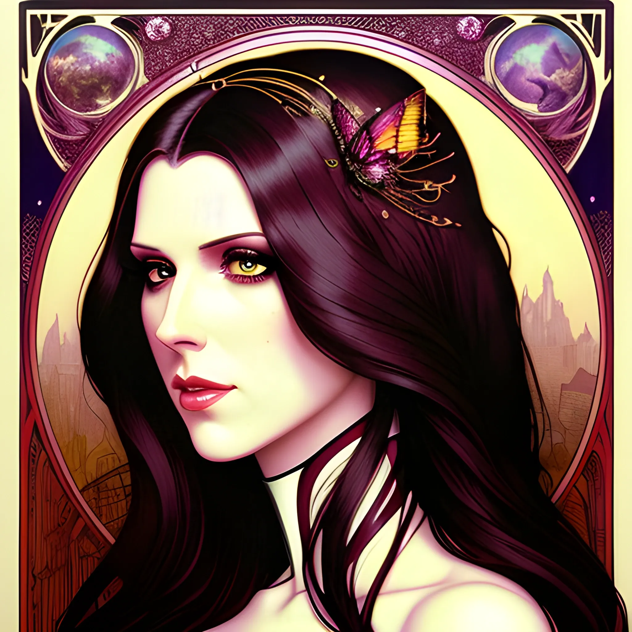 young Anna Kendrick, her highly detailed beautiful face, meticulously detailed multi-hued long straight dark hair, burgundy, berry wine and black, eldritch, macabre, by Stephen Gammell, Zdzislaw Beksinski; luminous color sparkles, Vintage Art, 8k resolution, art Nouveau poster; Alphonse Mucha, Artgerm, WLOP, Lisa Frank, James R. Eads, Illustration intricately detailed, Artstation, Chromolithography Soft Shading